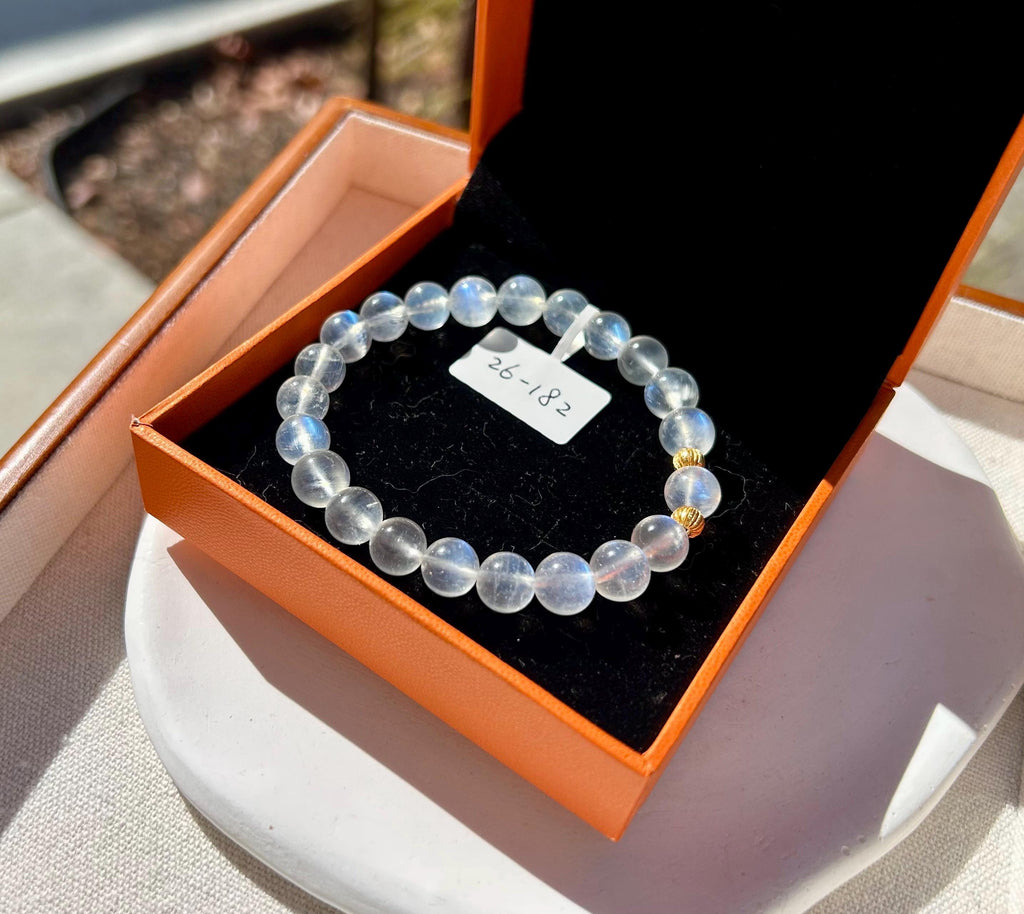 Flashy quality Natural Moonstone Crystal Bracelet with S925 beads, Fits up to 16.5cm wrist, 8mm+ Beads, (26-182)