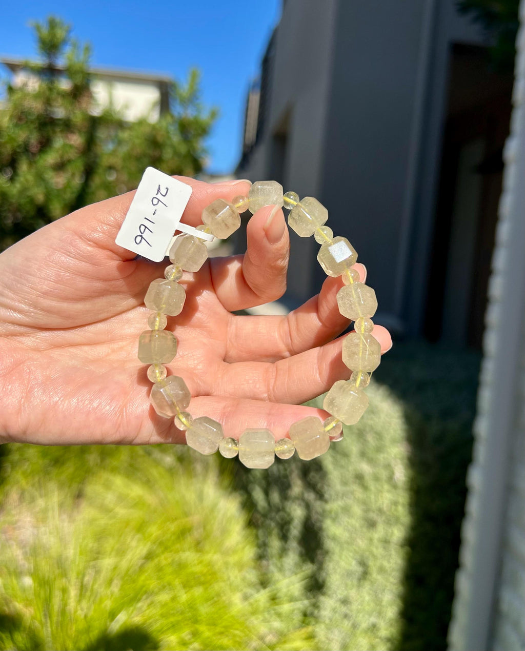 Healing Crystal, Gold Libyan Desert Glass square beads Bracelet: Tektite Beads, about 10mm beads, Fits up to 17.3cm wrist (26-166)