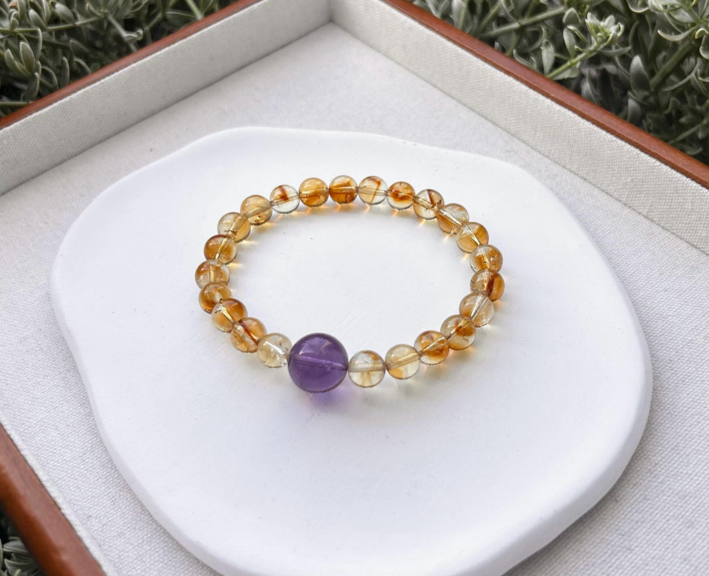 Genuine Citrine Bracelet with Amethyst Bead: Success & Abundance Crystal (25-127)