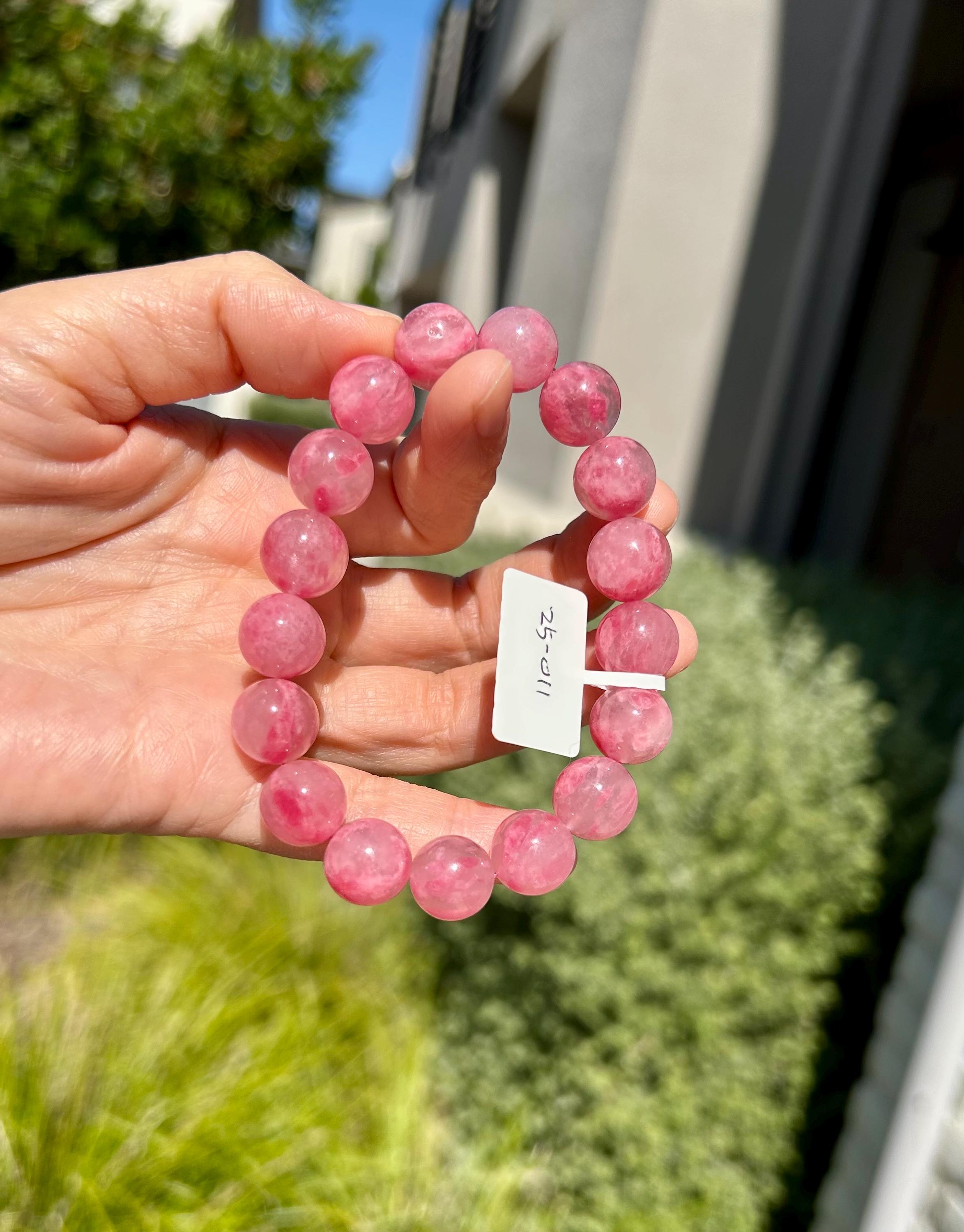 Chunky Rhodonite Gem Genuine Bracelet, Natural Icy Rhodonite Bracelet, Sakura Rhodonite 12mm, Fits up to 16.7cm wrist (25-011)