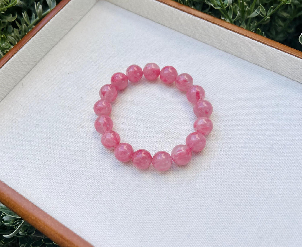 Chunky Rhodonite Gem Genuine Bracelet, Natural Icy Rhodonite Bracelet, Sakura Rhodonite 12mm, Fits up to 16.7cm wrist (25-011)