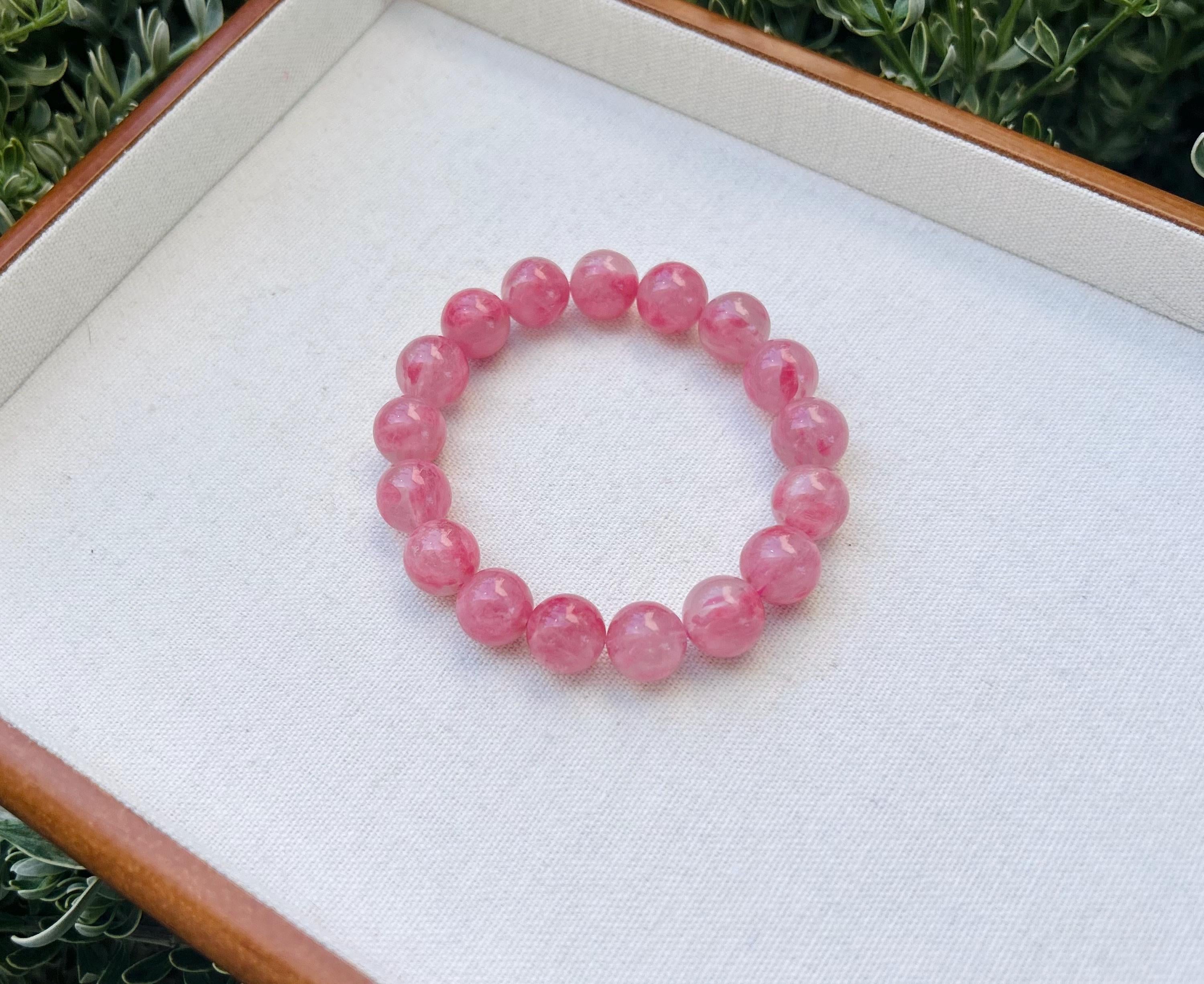 Chunky Rhodonite Gem Genuine Bracelet, Natural Icy Rhodonite Bracelet, Sakura Rhodonite 12mm, Fits up to 16.7cm wrist (25-011)