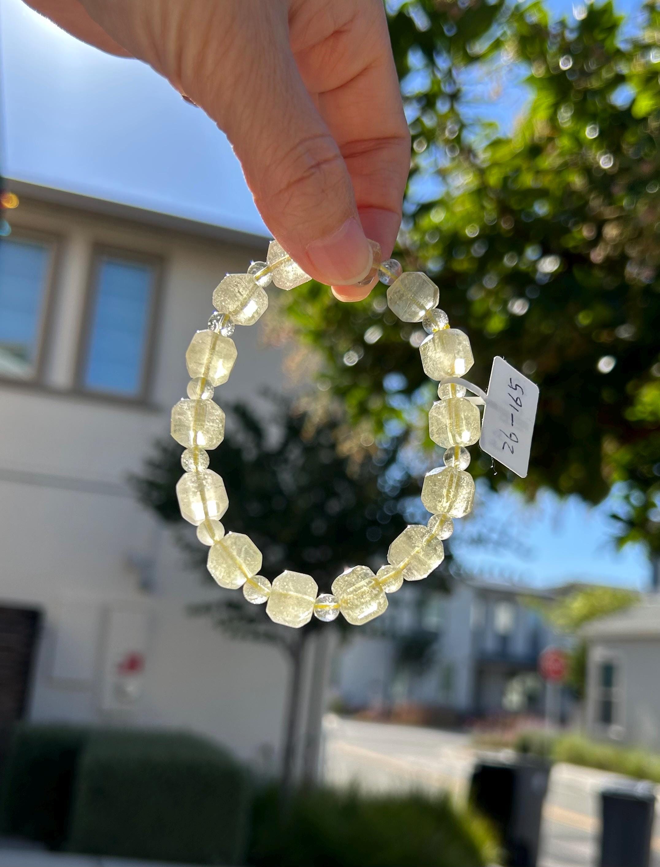 Healing Crystal, Gold Libyan Desert Glass square beads Bracelet: Tektite Beads, about 10mm beads, Fits up to 17.3cm wrist (26-165)