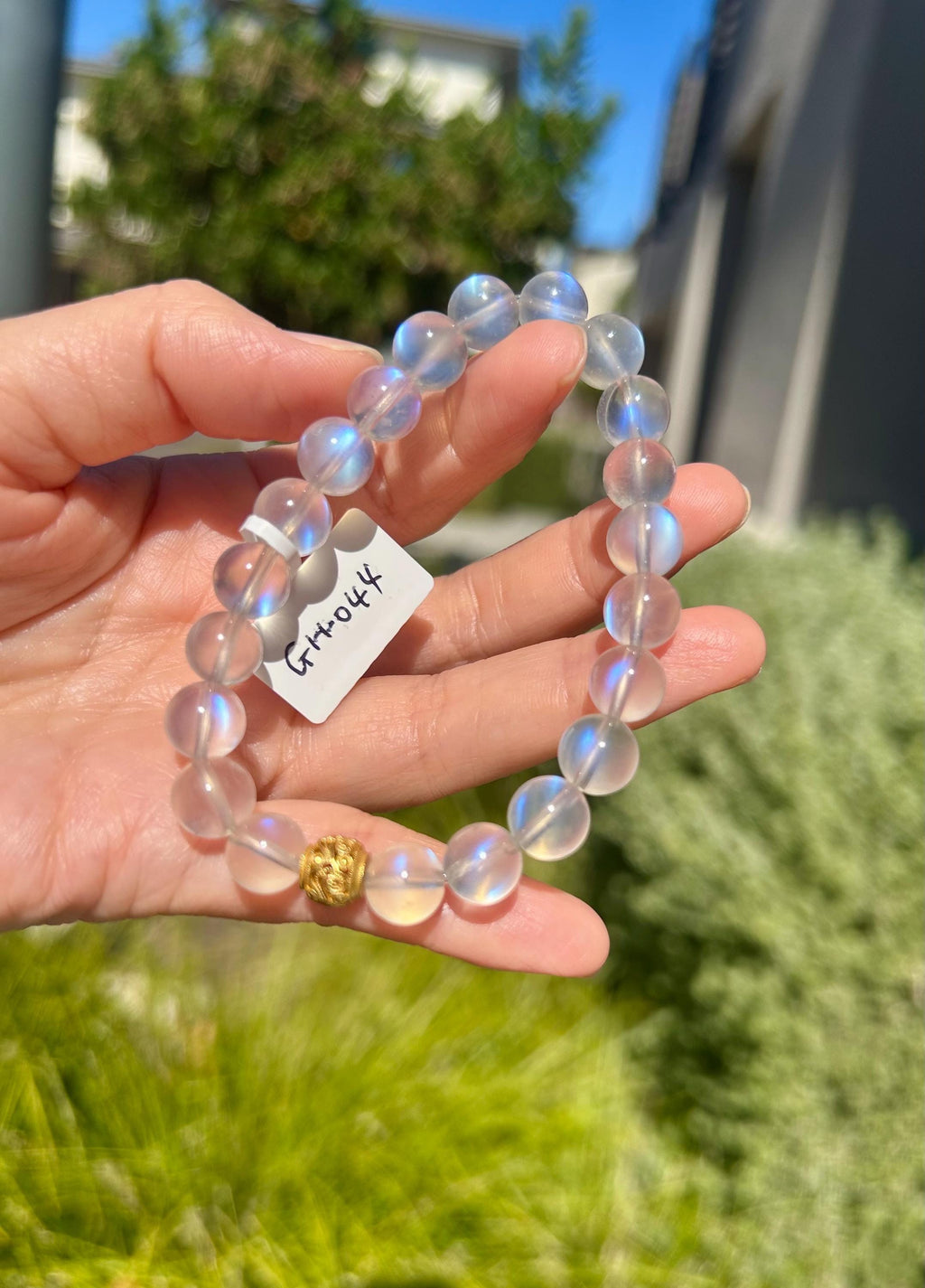 Clean Blue Flashy Natural Moonstone Crystal Bracelet with S925 bead: Blue Light Gemstone, 9mm Beads, fits up to 16.8cm wrist (GH-044)
