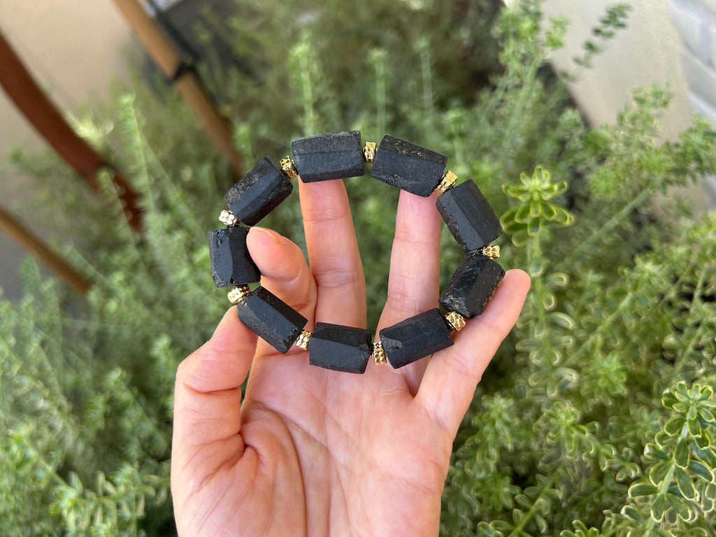 Natural Black Tourmaline Raw Stone Nugget Bracelet, Raw black tourmaline, Genuine black tourmaline, fits up to 16cm wrist  (26-155)