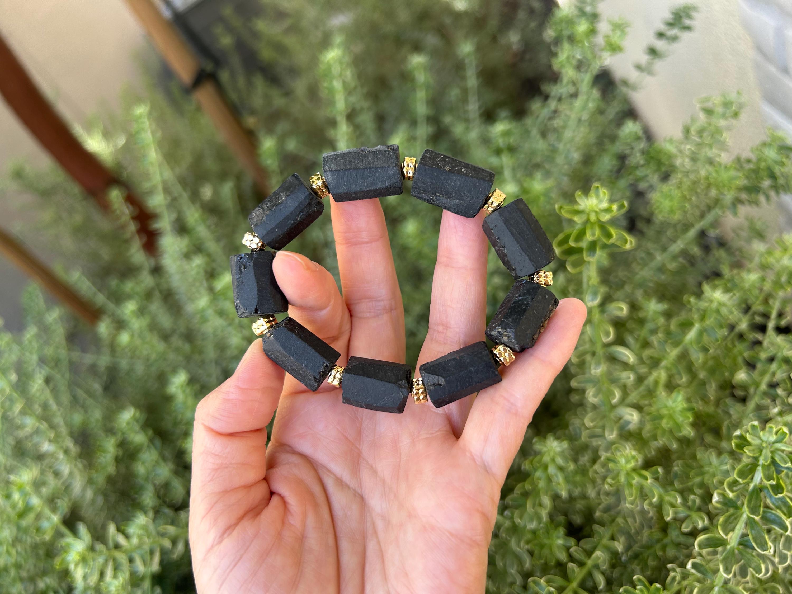Natural Black Tourmaline Raw Stone Nugget Bracelet, Raw black tourmaline, Genuine black tourmaline, fits up to 16cm wrist  (26-155)