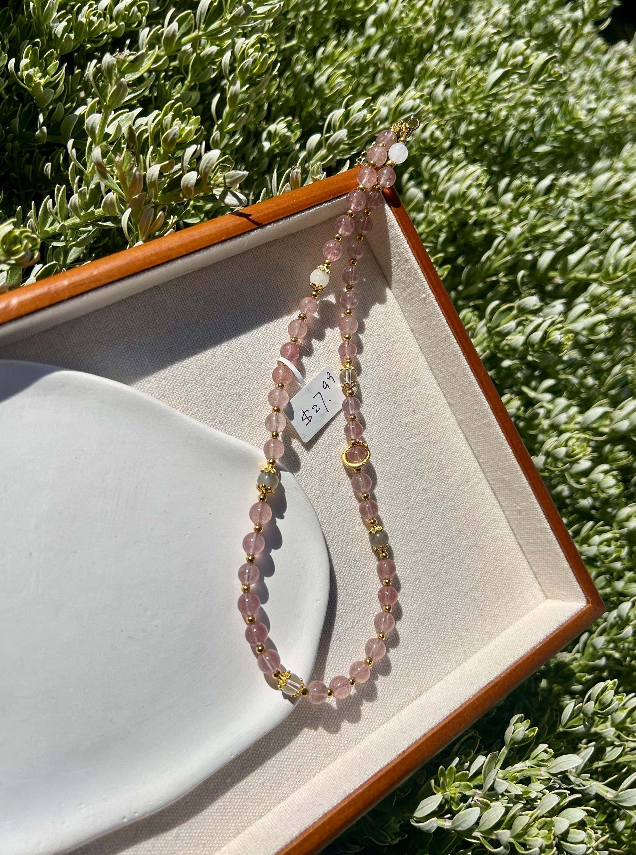 Light Pink Strawberry Quartz beads and pearl Necklace, Handmade Jewelry, Gift for Her (26-081)