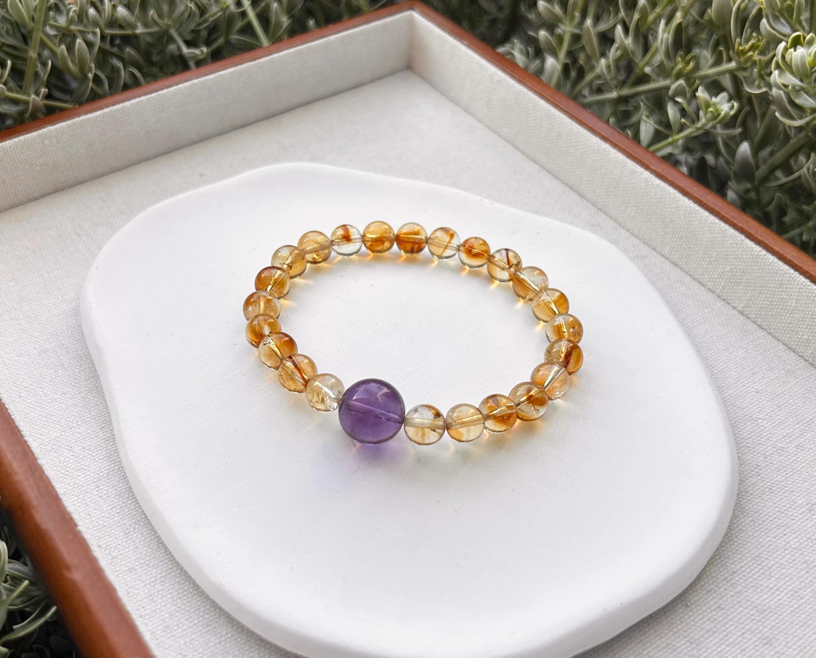 Genuine Citrine Bracelet with Amethyst Bead: Success & Abundance Crystal (25-127)