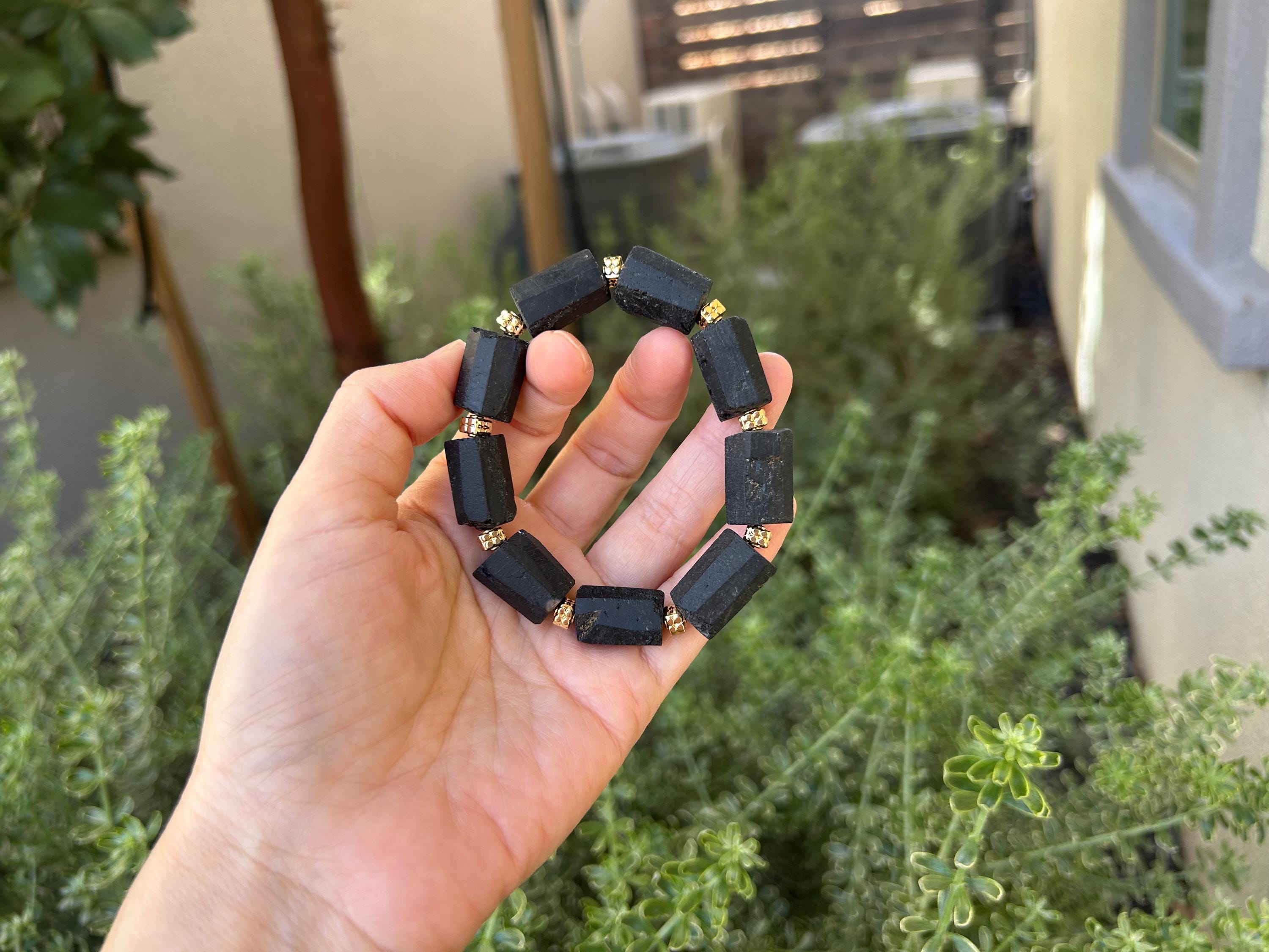 Natural Black Tourmaline Raw Stone Nugget Bracelet, Raw black tourmaline, Genuine black tourmaline, fits up to 16cm wrist  (26-155)