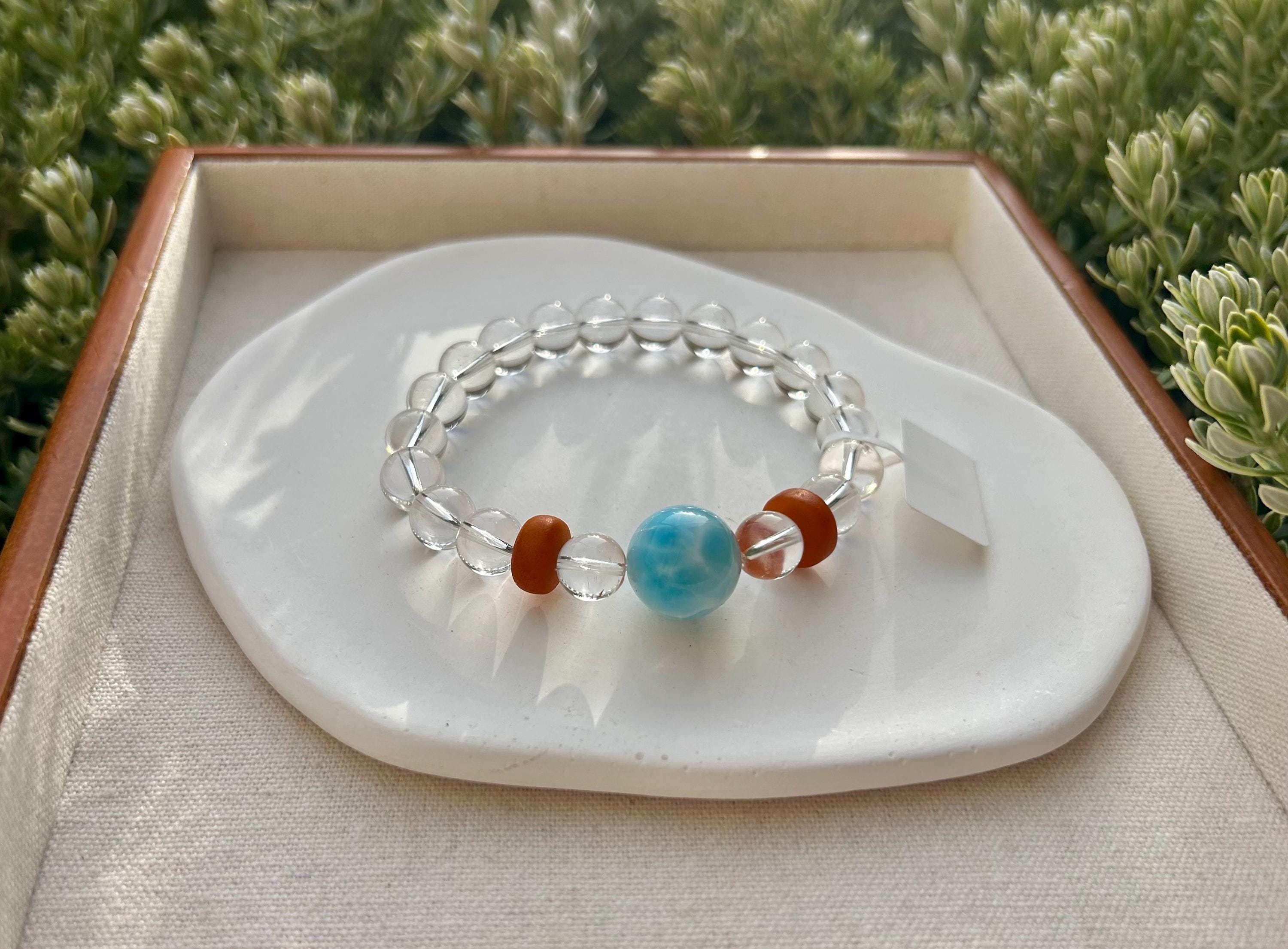 Chunky Larimar bead 16mm and clear Quartz beads bracelet with beeswax beads, Fits up to 17cm wrist, can be adjusted shorter (25-218)