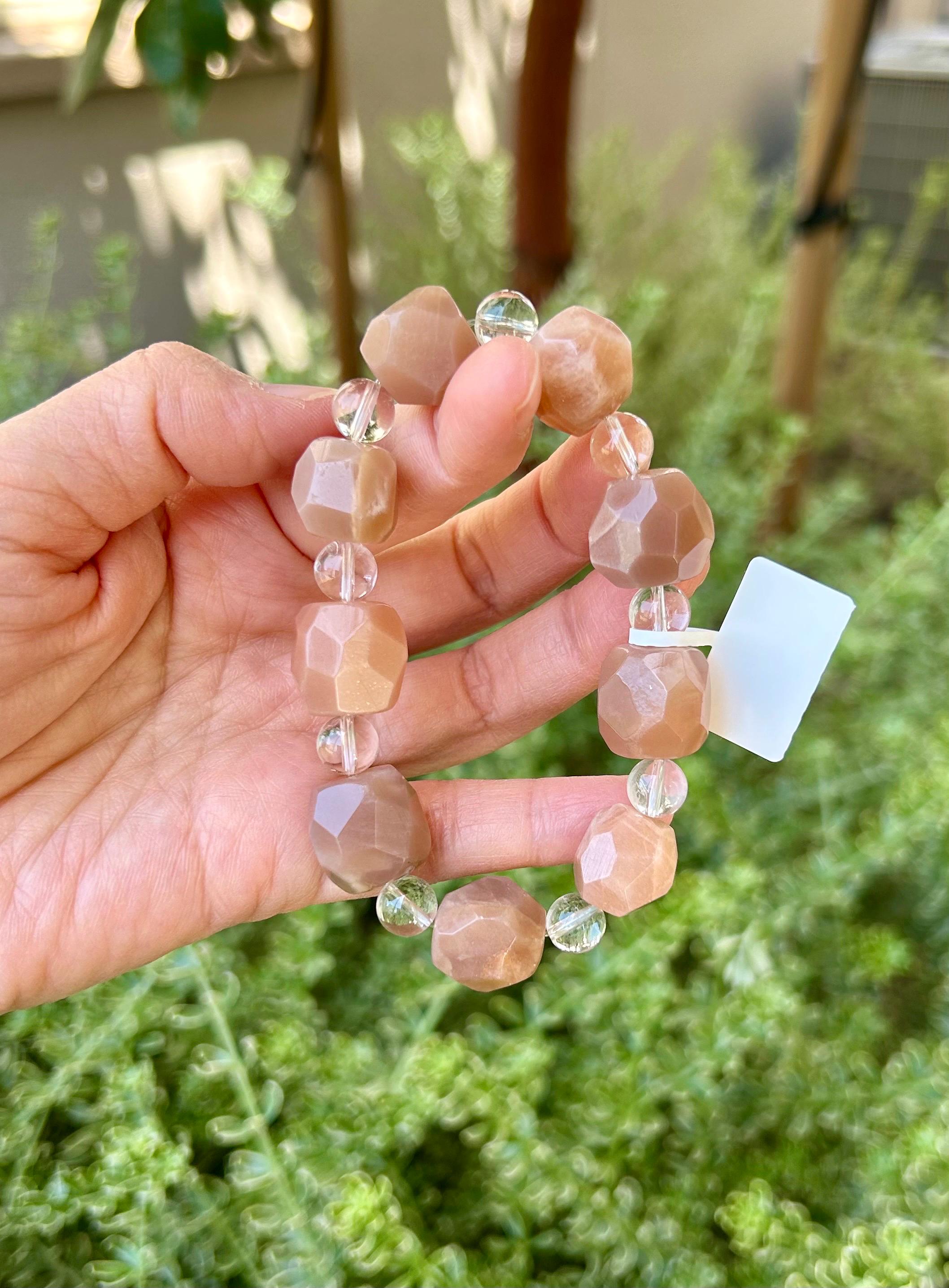 Chunky Peach Moonstone Simple Nugget Bracelet, Handmade Gemstone Jewelry, fits up to 16.5cm (25-016)