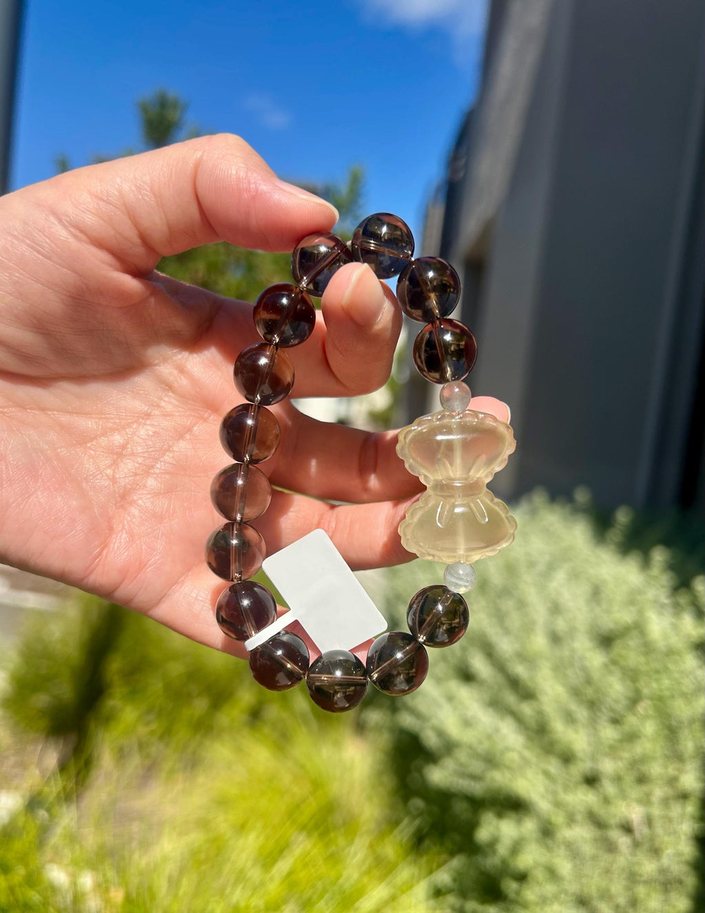 Chunky Natural Smoky Quartz Crystal Bracelet featured with a crystal bow, 12mm smoky beads, Fits up to 16.8cm wrist (26-153)