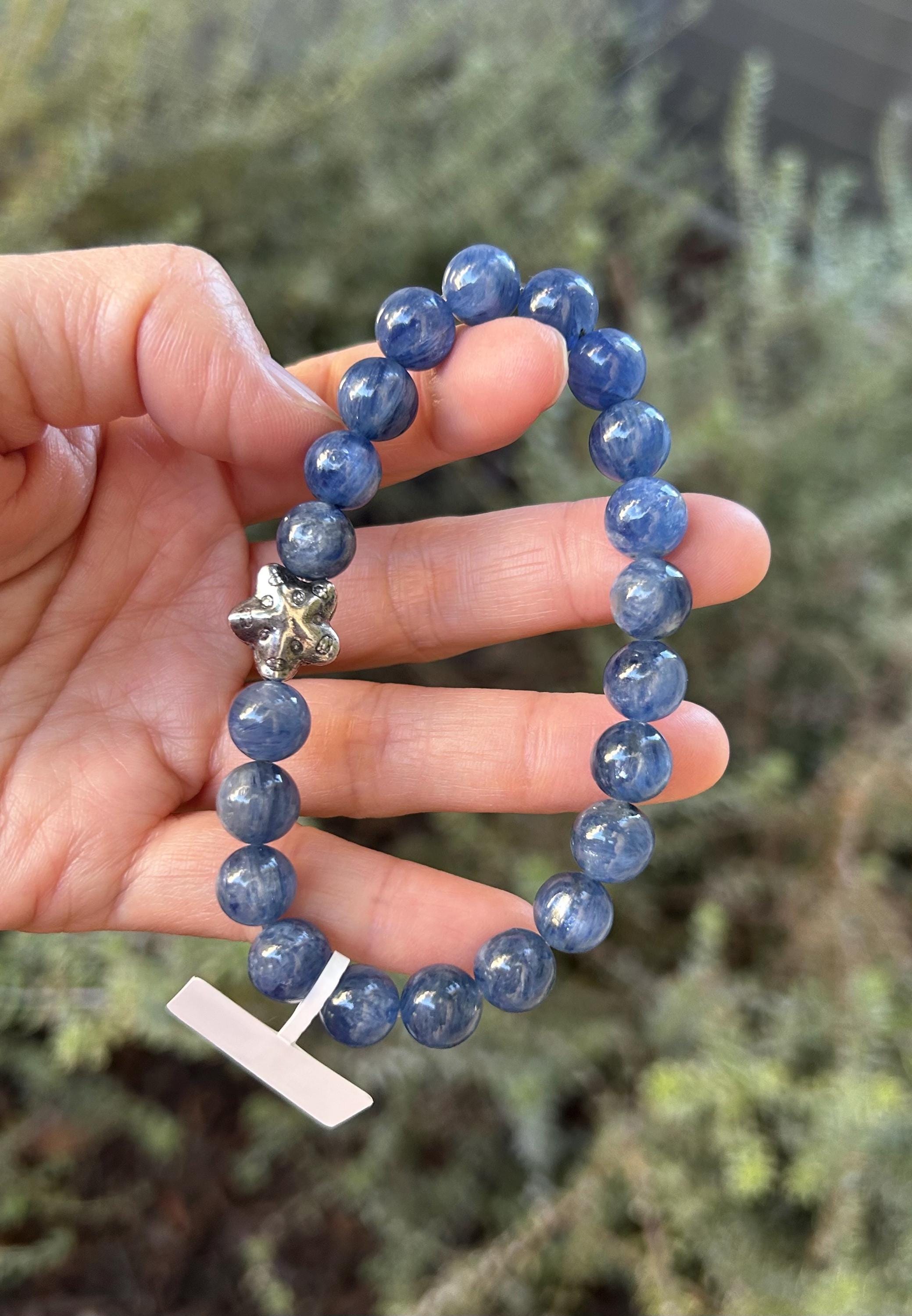 Genuine Blue Kyanite Healing Stone beads bracelet with silver sea star bead, fits up to 17cm wrist (26-029)