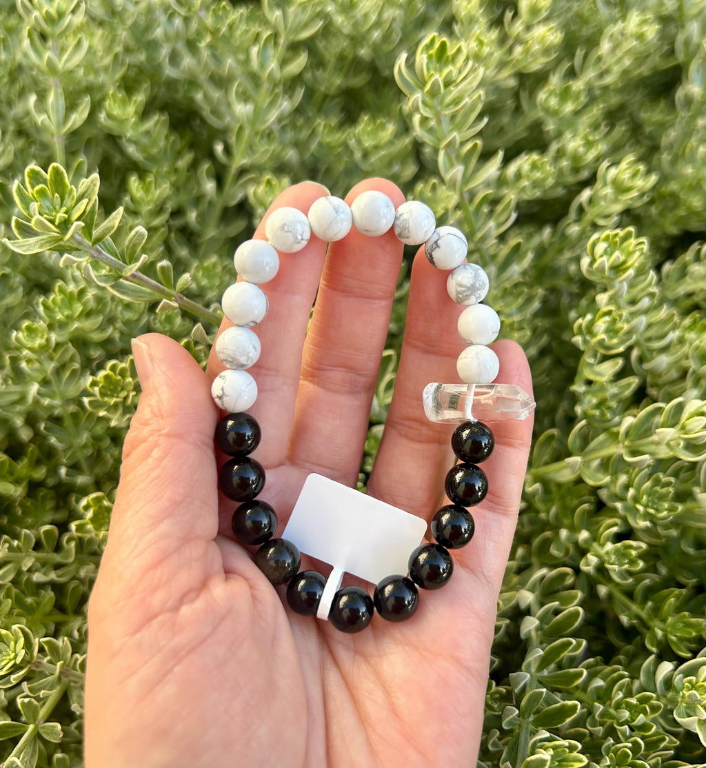 Black Obsidian, White Turquoise and Clear Quartz Tower Bracelet – Protection, Purification & Luck, fits up to 17cm (26-116)