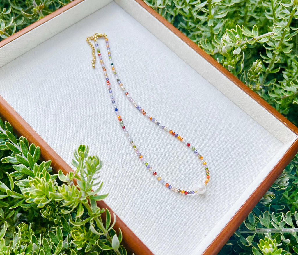 Colorful Rainbow color Spinel Stone and Pearl Necklace