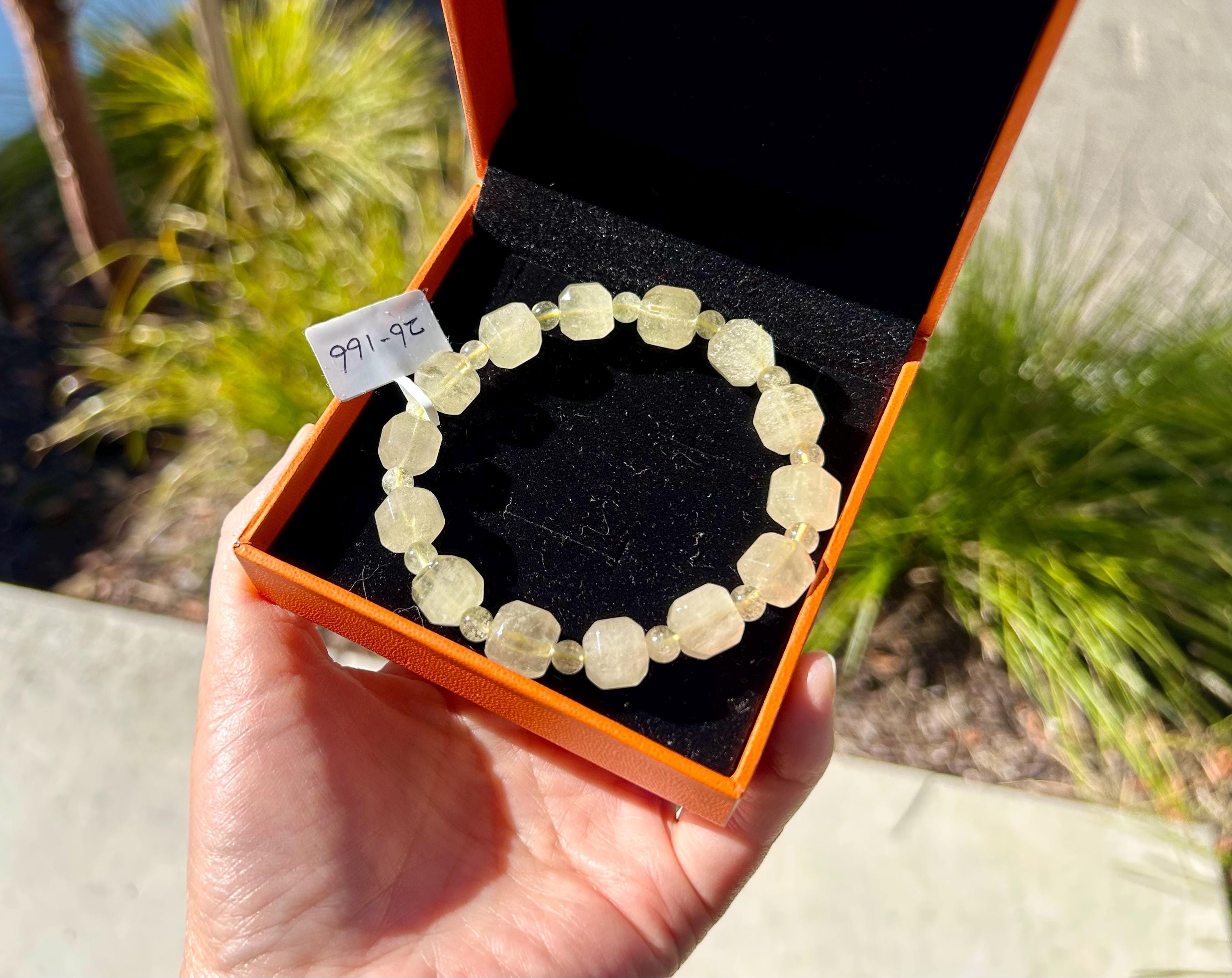 Healing Crystal, Gold Libyan Desert Glass square beads Bracelet: Tektite Beads, about 10mm beads, Fits up to 17.3cm wrist (26-166)