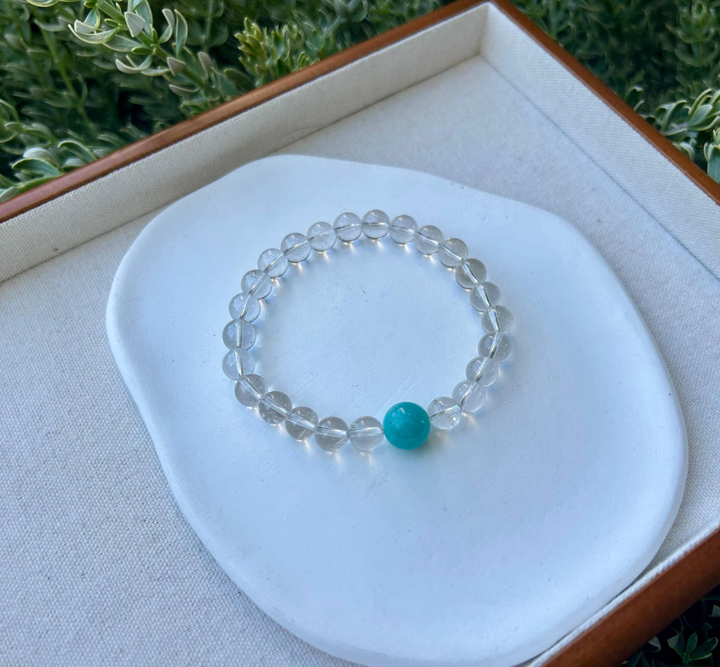 Clear quartz round beads with big amazonite beads bracelet, fits up to 17cm wrist (26-110)