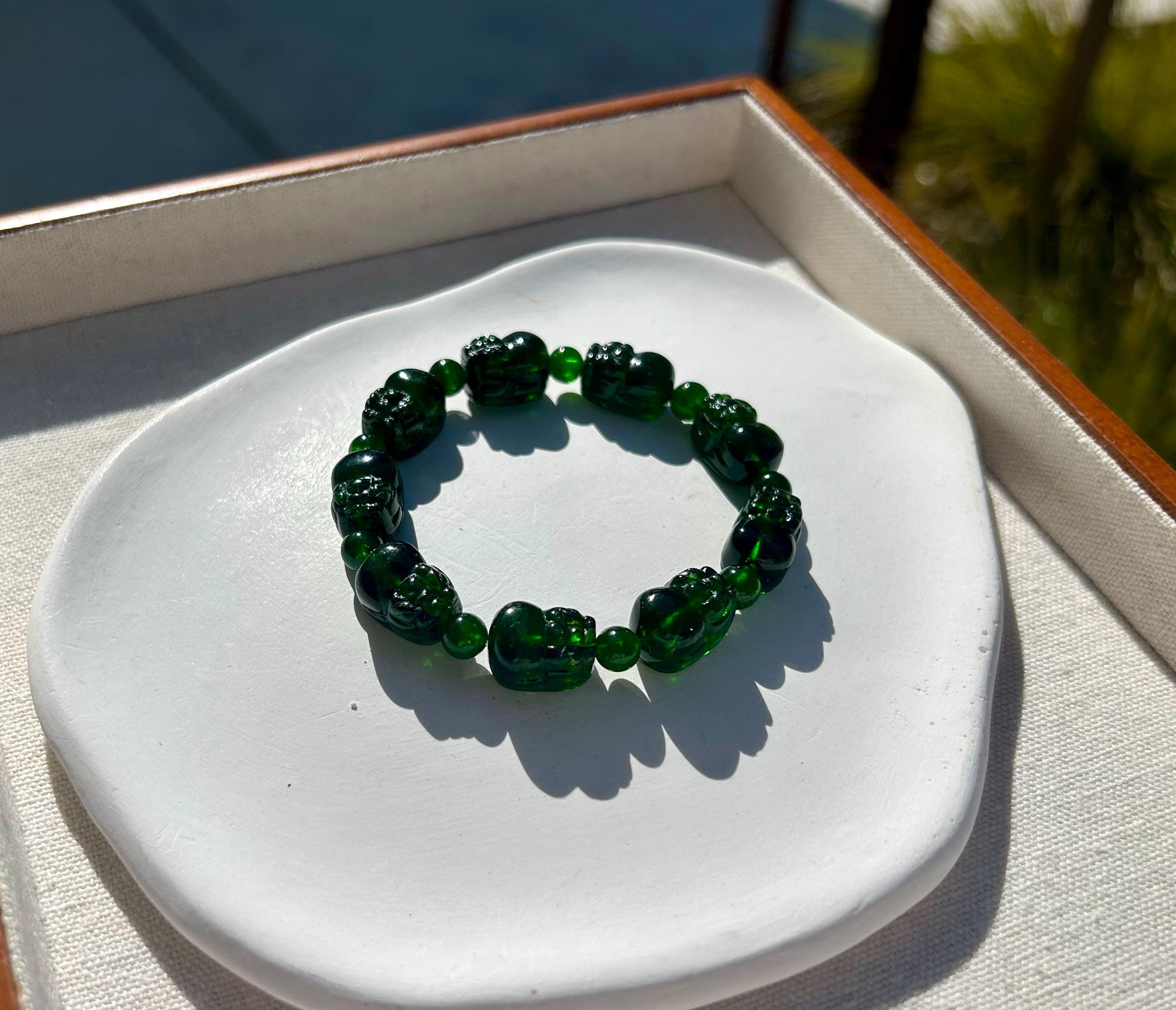 Natural Green Diopside Pixiu Bracelet – Hand-Carved Gemstone Beads, Healing and Calming stone, fits up to 15.5cm wrist (GH-049)