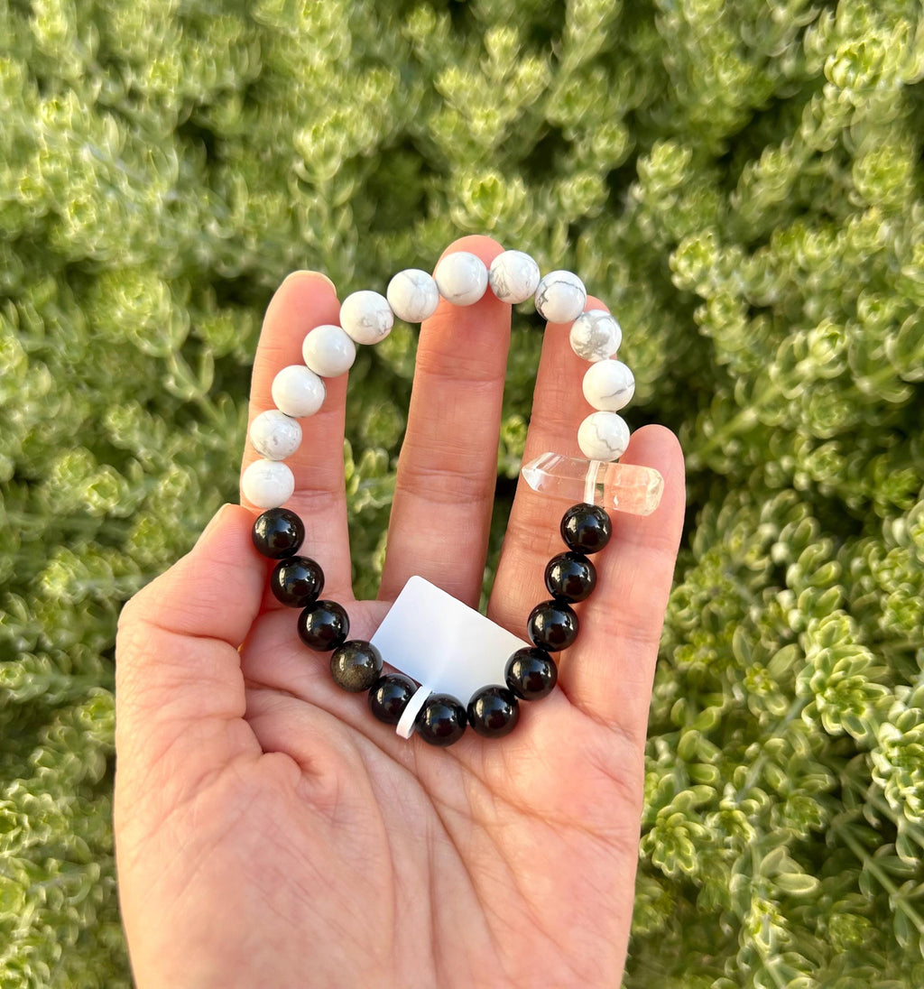 Black Obsidian, White Turquoise and Clear Quartz Tower Bracelet – Protection, Purification & Luck, fits up to 17cm (26-116)