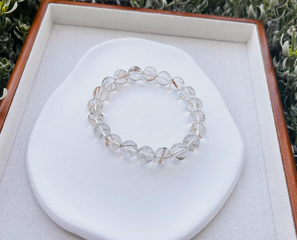 Black Gold Rutilated Quartz Bead Bracelet: Chunky Stone, 10mm (Fits 17cm Wrist) (25-108)