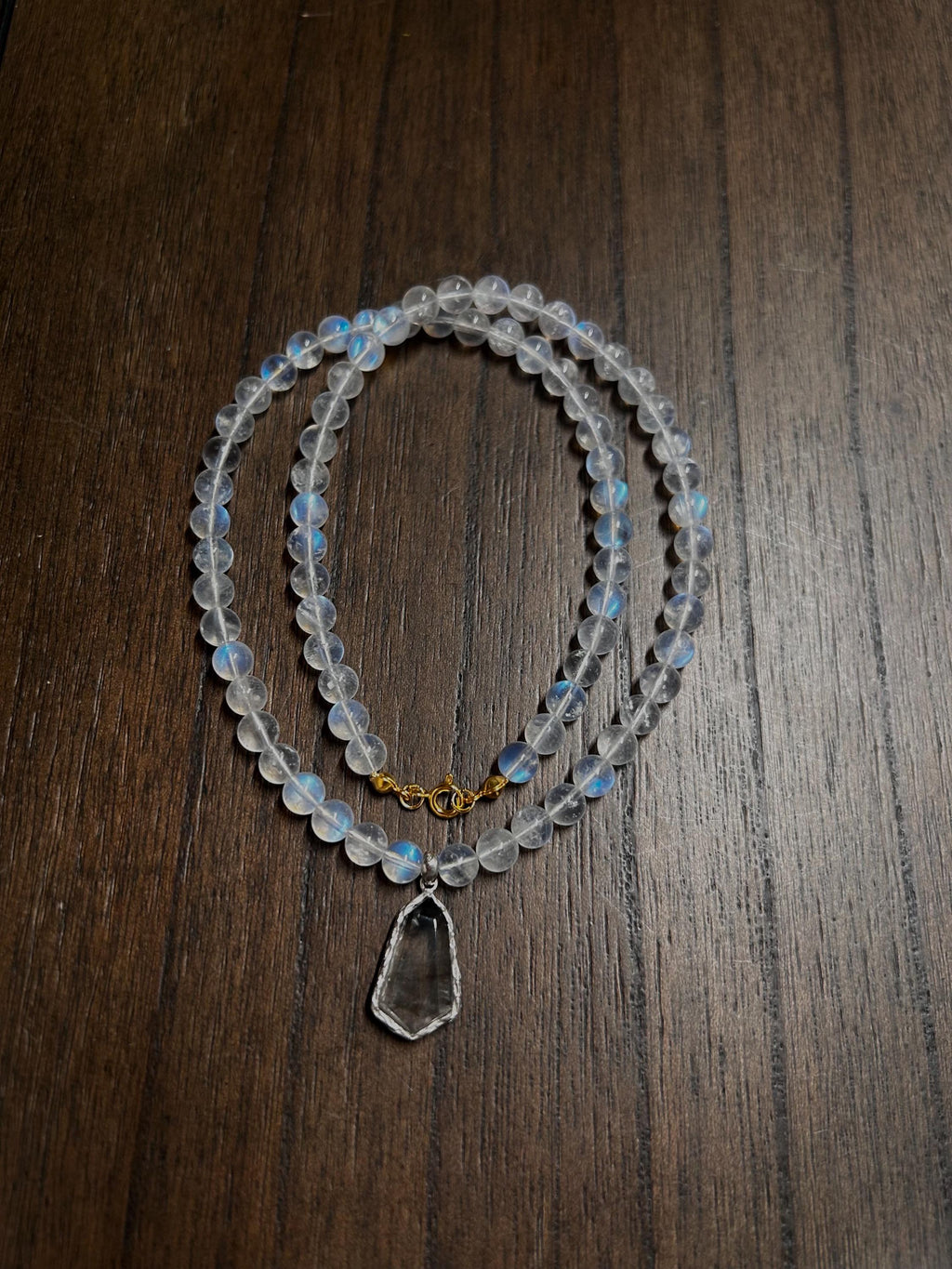 High quality blue light Moonstone beads and sterling silver accessories Necklace, Black & Silver Rutilated Quartz pendant (50cm) (GH-016)