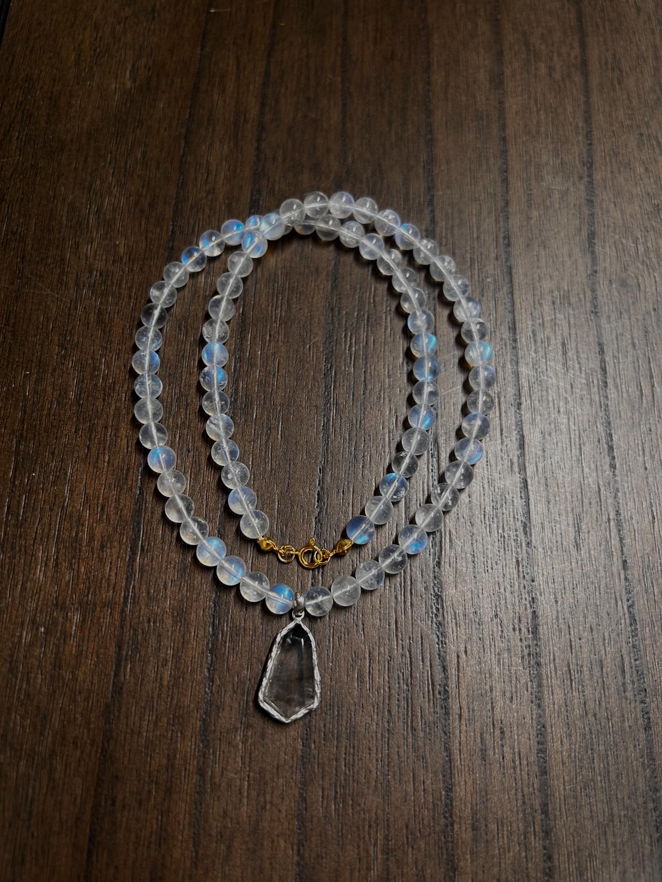 High quality blue light Moonstone beads and sterling silver accessories Necklace, Black & Silver Rutilated Quartz pendant (50cm) (GH-016)