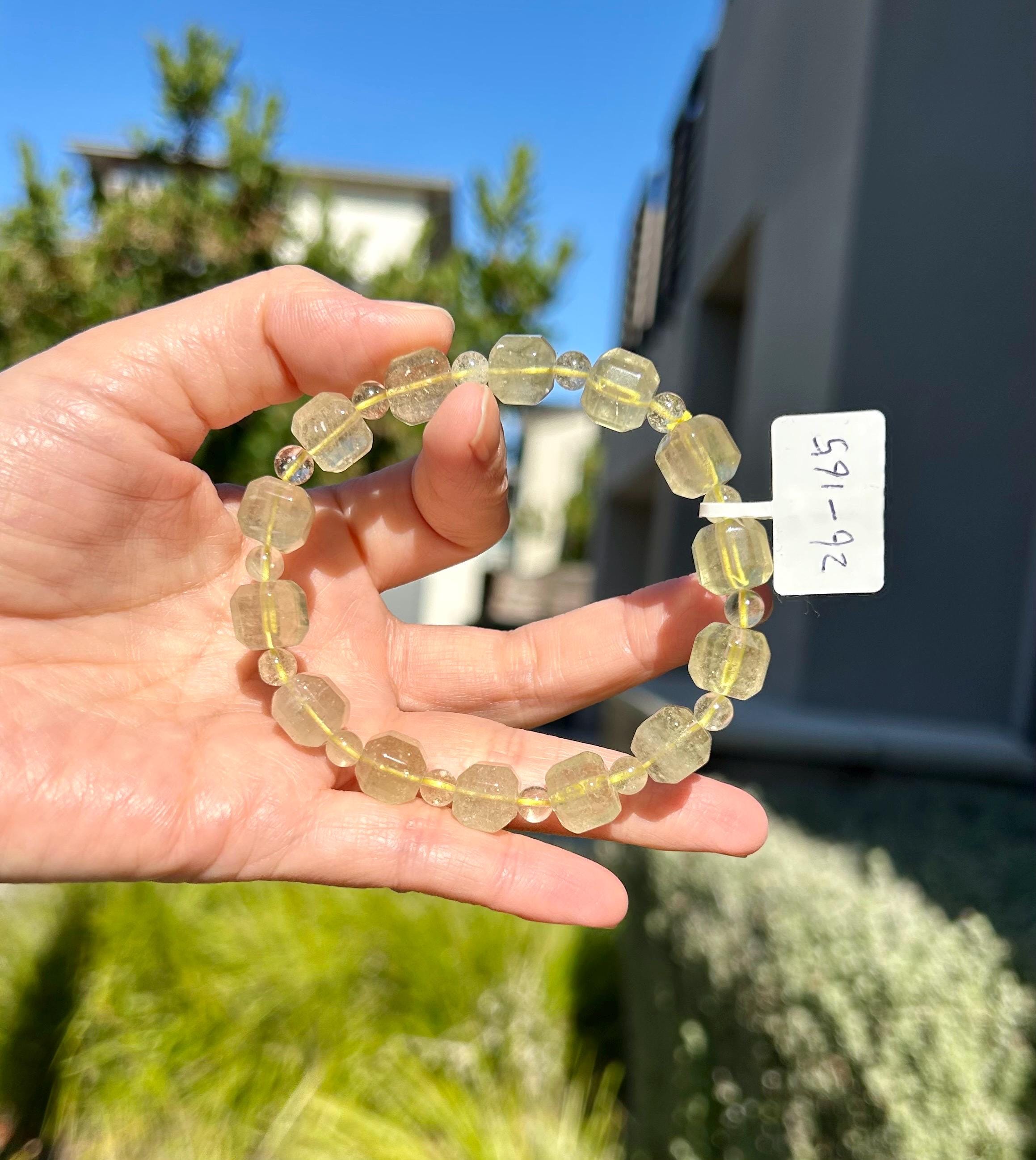 Healing Crystal, Gold Libyan Desert Glass square beads Bracelet: Tektite Beads, about 10mm beads, Fits up to 17.3cm wrist (26-165)
