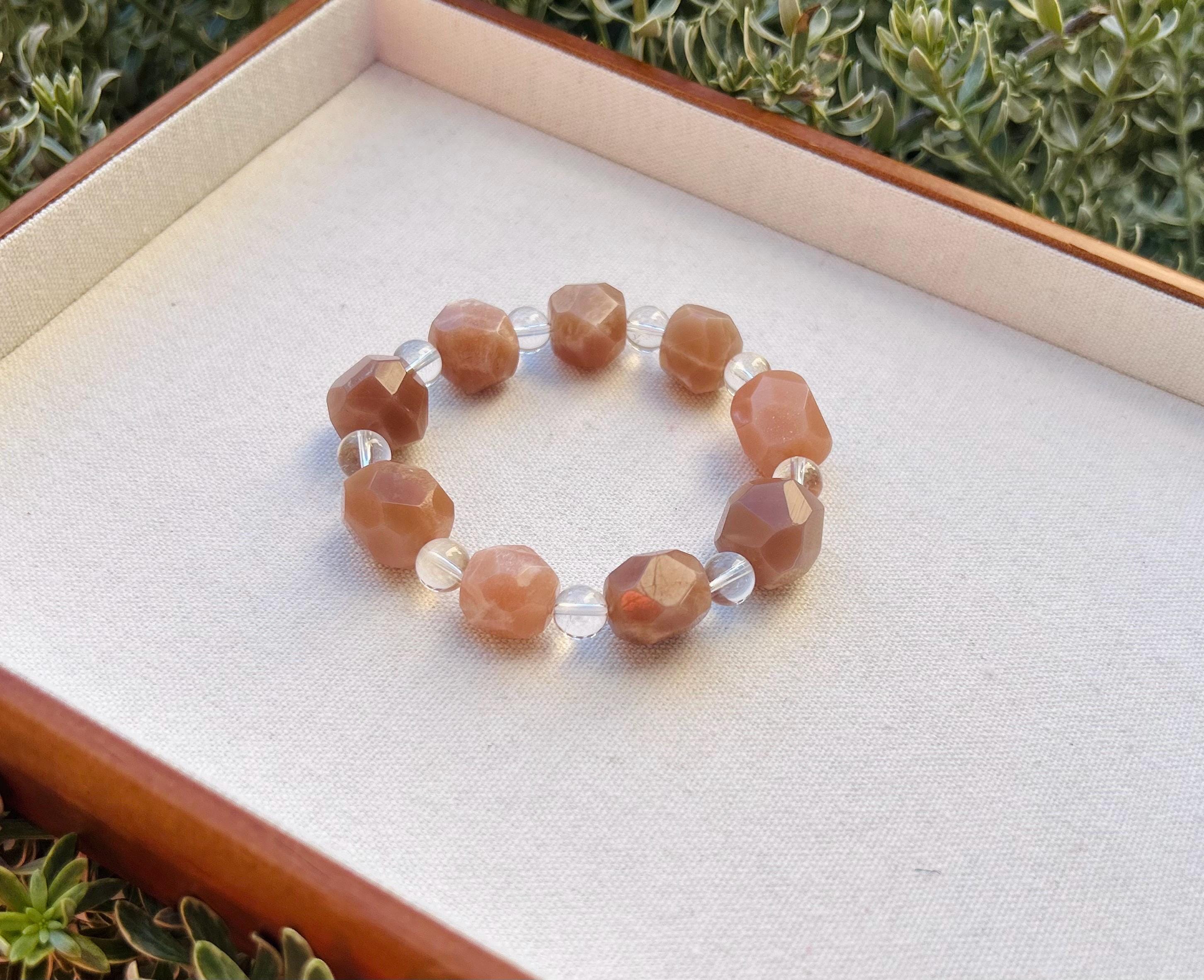Chunky Peach Moonstone Simple Nugget Bracelet, Handmade Gemstone Jewelry, fits up to 16.5cm (25-016)