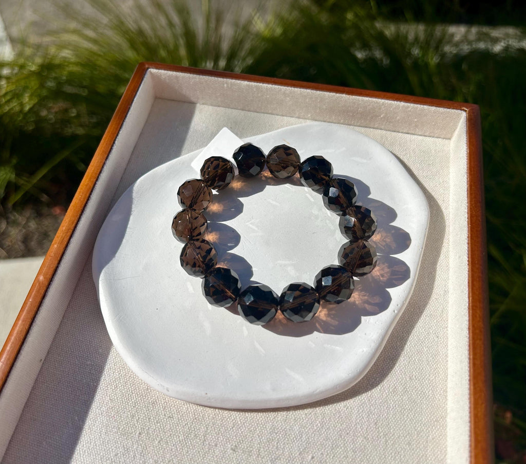 Chunky faceted Natural Smoky Quartz Crystal Bracelet featured with a crystal bow, 15mm+ smoky beads, Fits up to 18mm wrist (26-189)