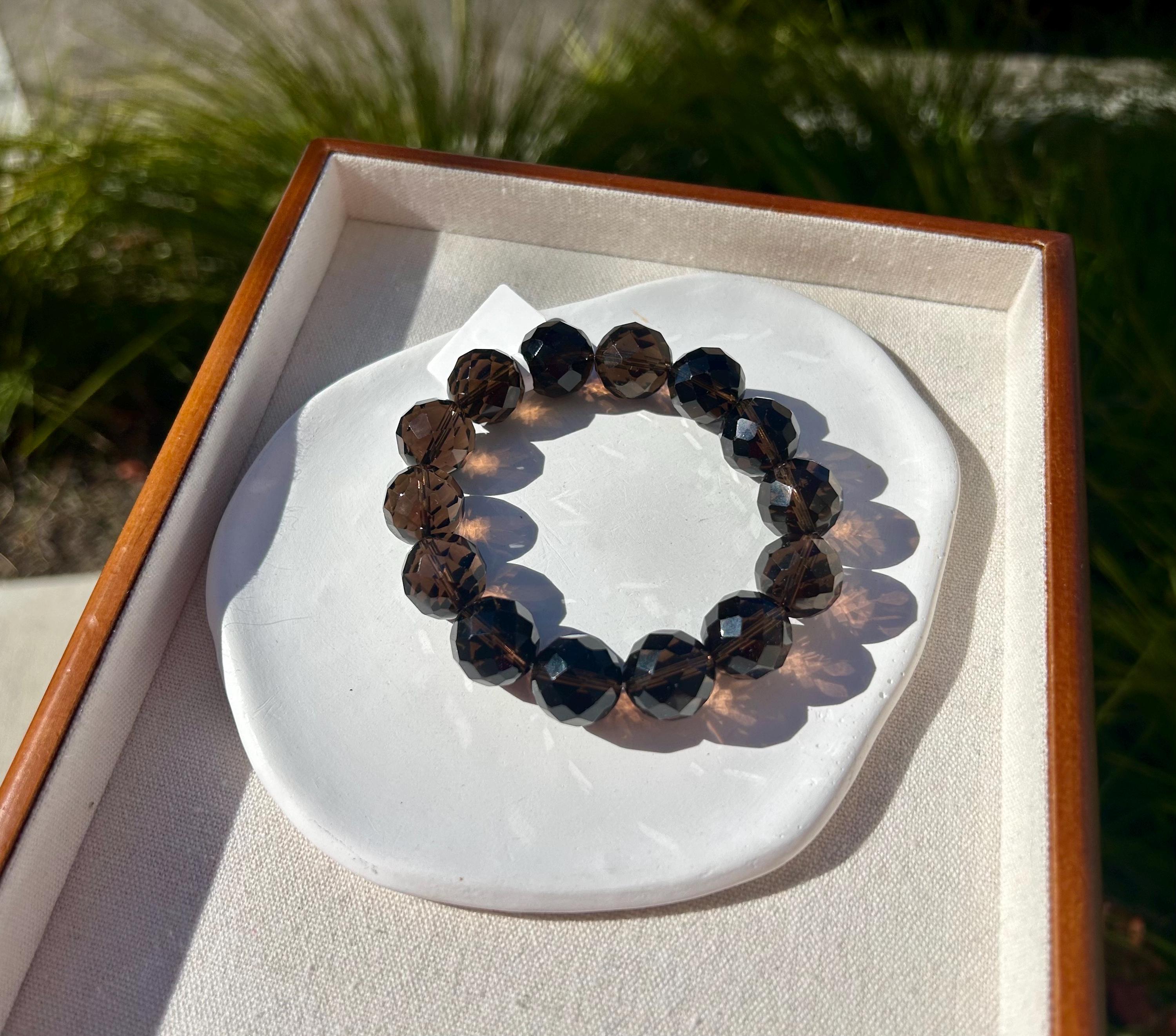 Chunky faceted Natural Smoky Quartz Crystal Bracelet featured with a crystal bow, 15mm+ smoky beads, Fits up to 18mm wrist (26-189)