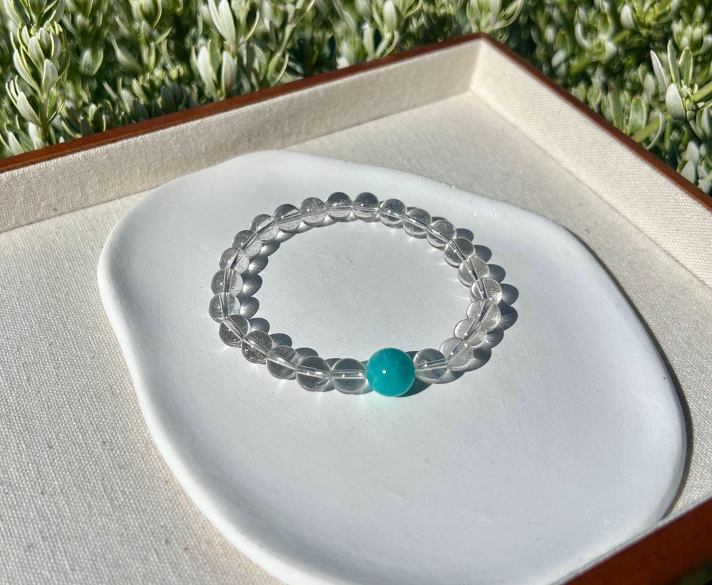 Clear quartz round beads with big amazonite beads bracelet, fits up to 17cm wrist (26-110)