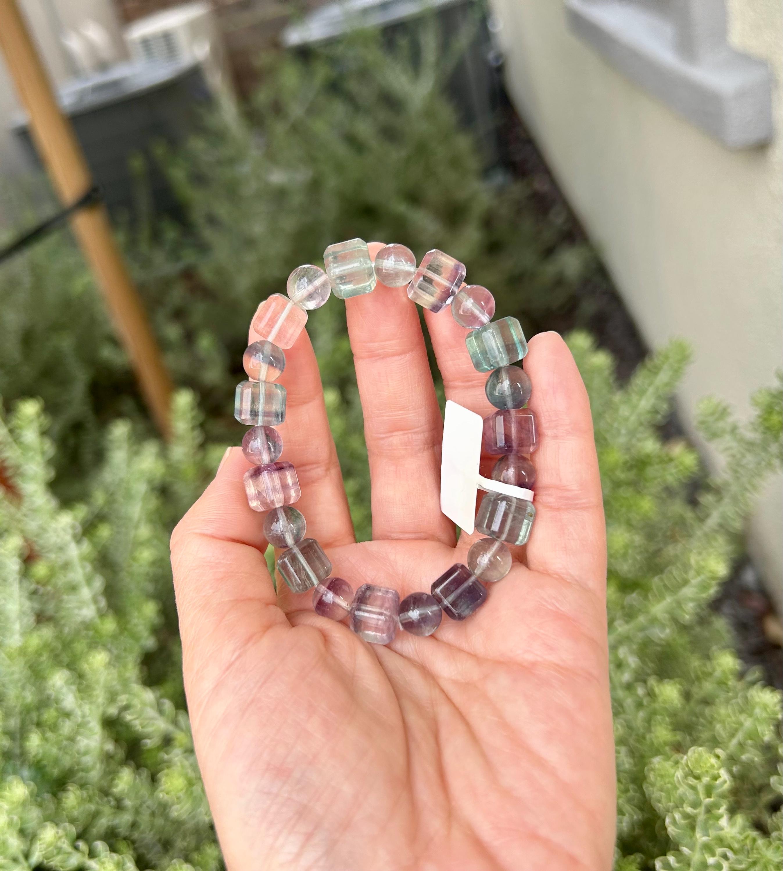 High Clarity Multicolor Fluorite square Beads Bracelet - 9mm beads, fits up to 16cm wrist  (26-100)