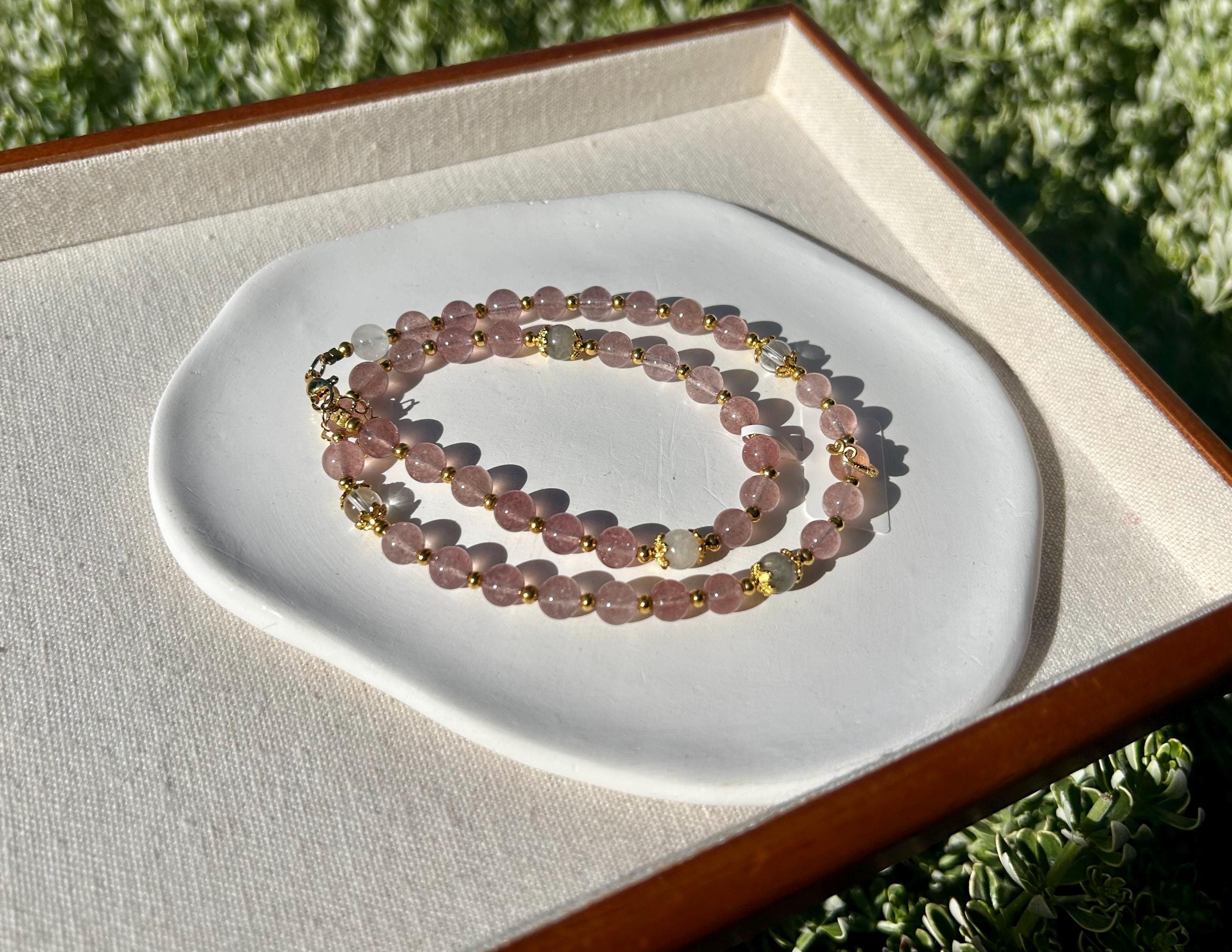 Light Pink Strawberry Quartz beads and pearl Necklace, Handmade Jewelry, Gift for Her (26-081)