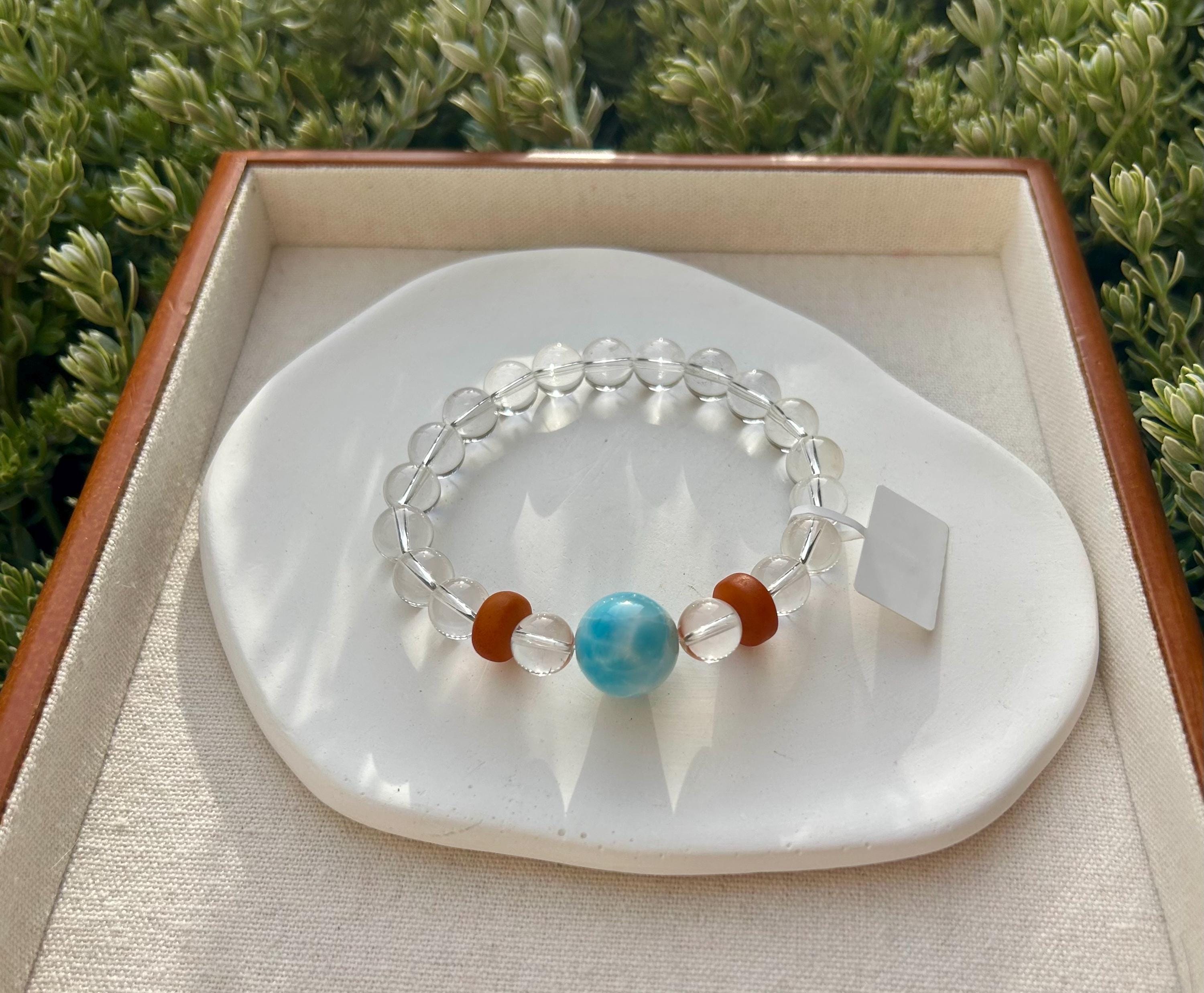Chunky Larimar bead 16mm and clear Quartz beads bracelet with beeswax beads, Fits up to 17cm wrist, can be adjusted shorter (25-218)