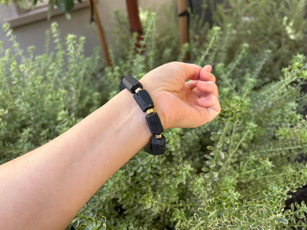 Natural Black Tourmaline Raw Stone Nugget Bracelet, Raw black tourmaline, Genuine black tourmaline, fits up to 16cm wrist  (26-155)