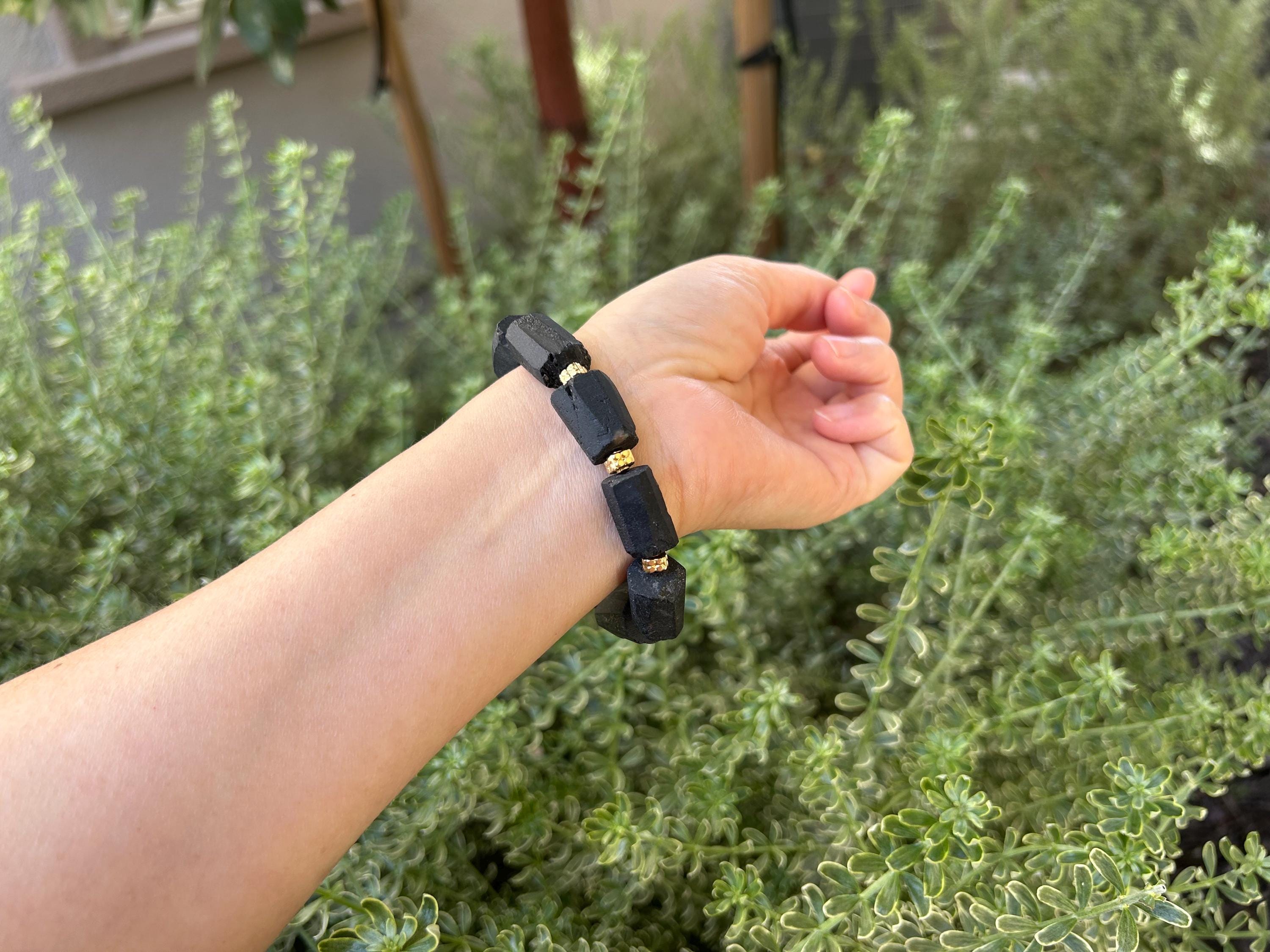 Natural Black Tourmaline Raw Stone Nugget Bracelet, Raw black tourmaline, Genuine black tourmaline, fits up to 16cm wrist  (26-155)