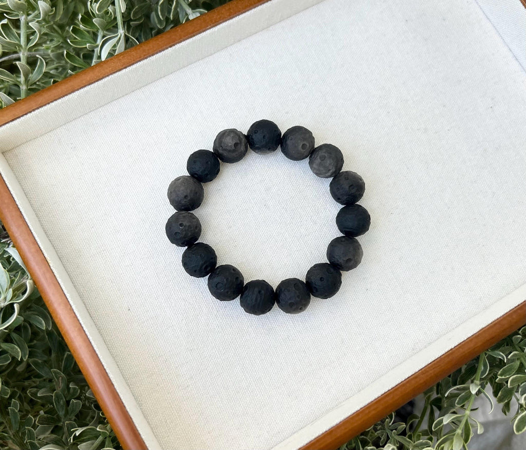 Chunky Obsidian Moon Beads bracelet - 14mm to 15mm beads, Natural Black Obsidian, Genuine Crystal Bracelet, Stretchy Beads Bracelet (26-141）