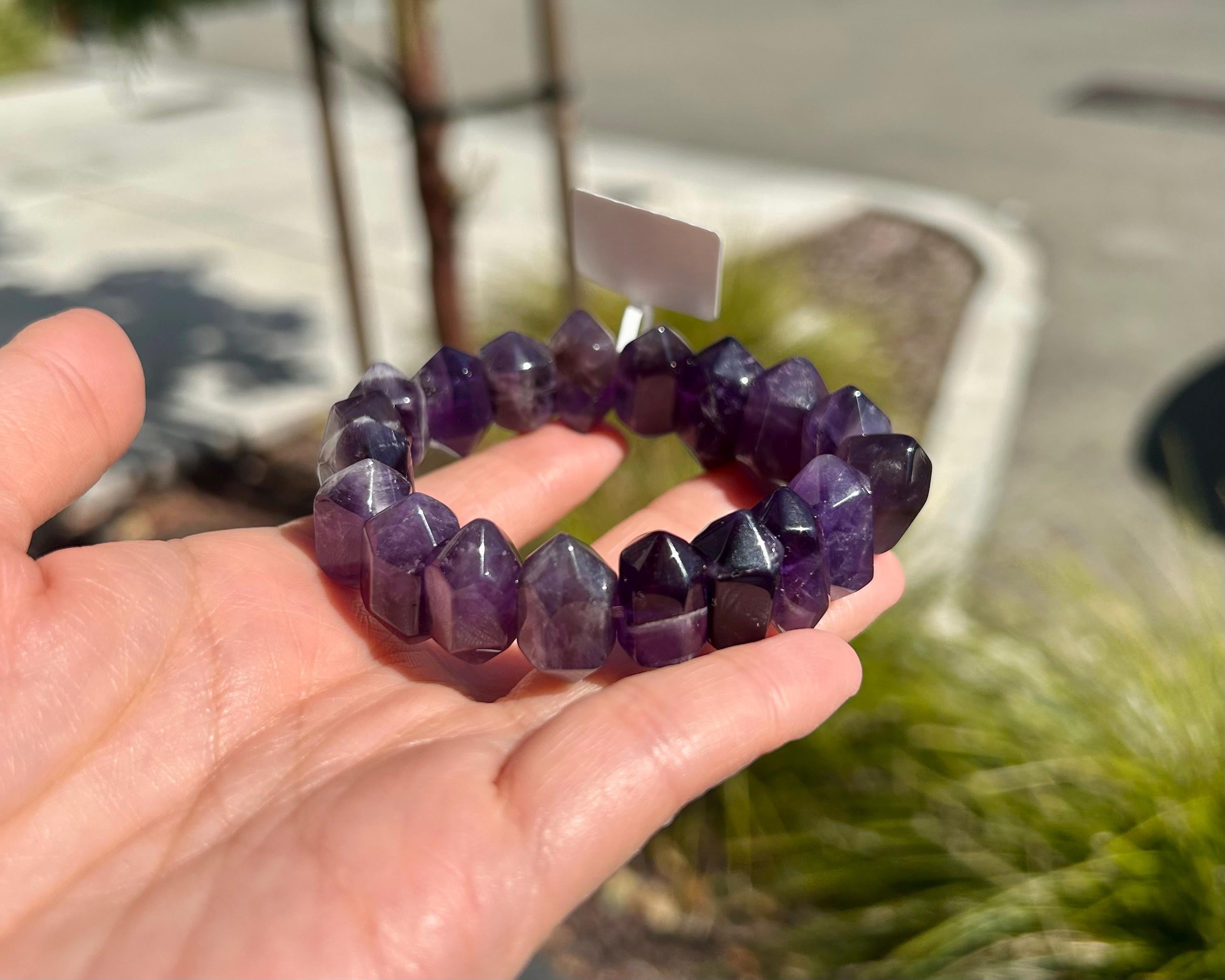 Natural double terminations amethyst bracelet (chunky), genuine crystal beads bracelet, fits up to 16cm wrist (25-075)