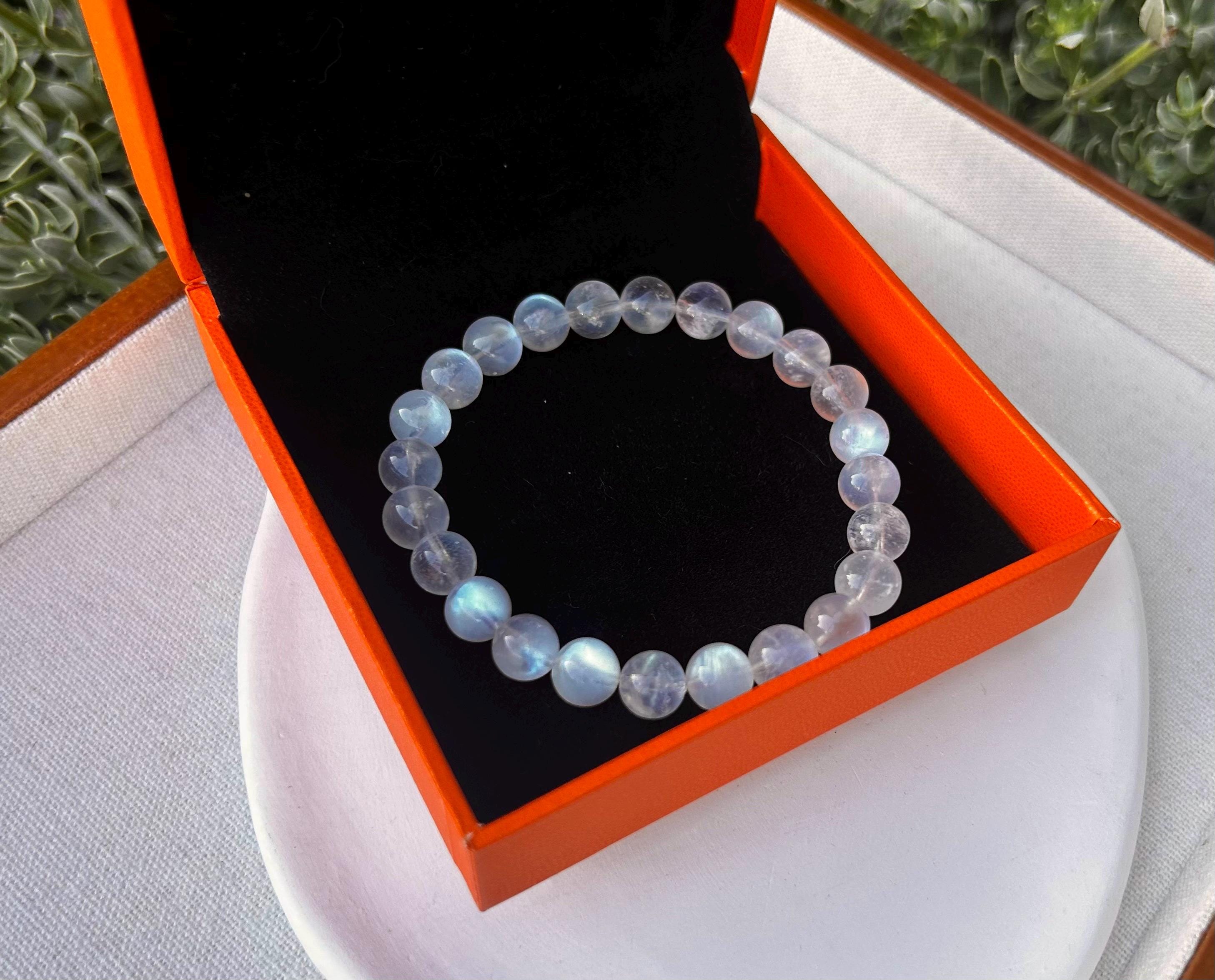 Natural Moonstone Crystal Bracelet: Blue Light Gemstone, 8mm Beads, (25-095)