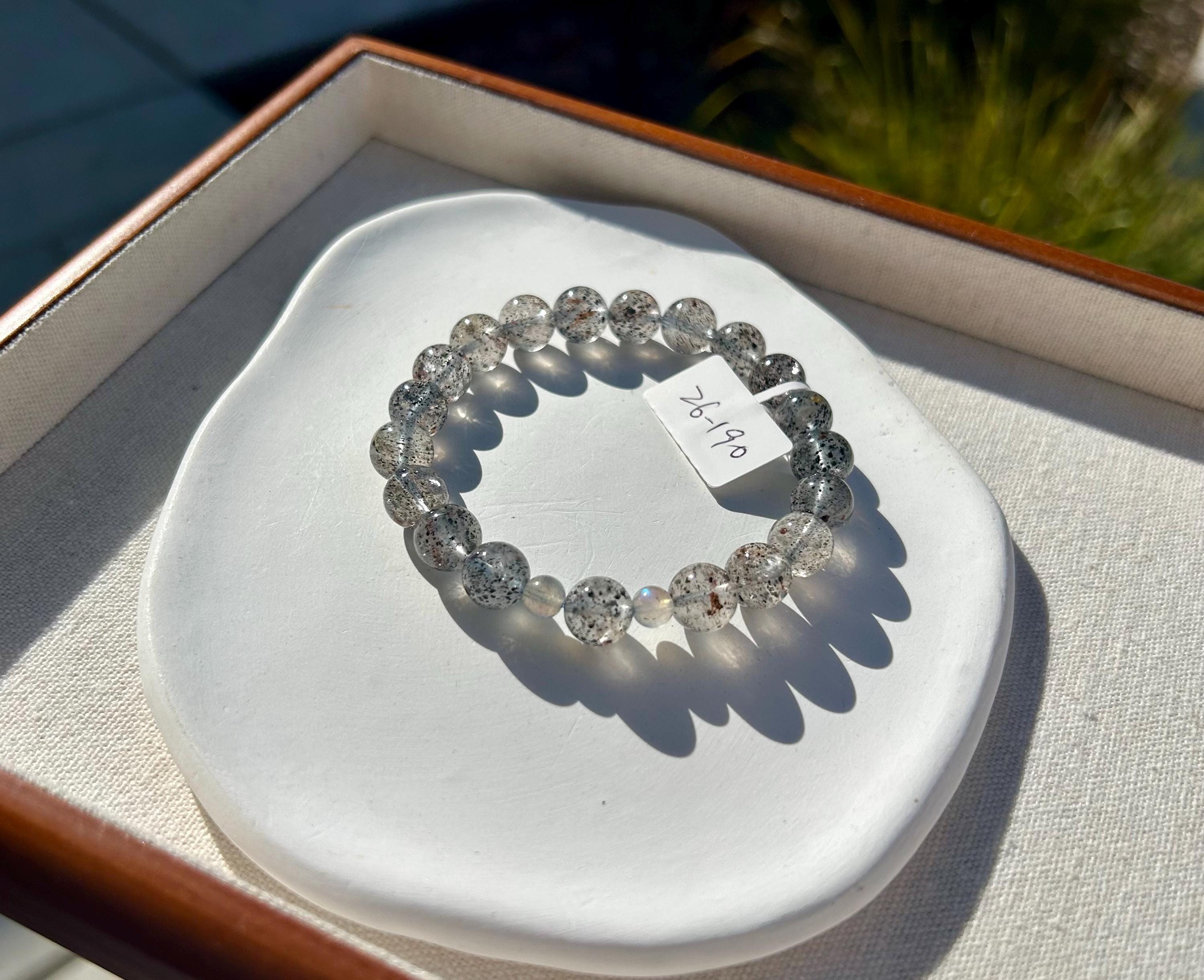 Phatom clear quartz beads with 2 small labradorite beads crystal bracelet, 9mm+ beads, fits up to 17cm wrist (26-190)