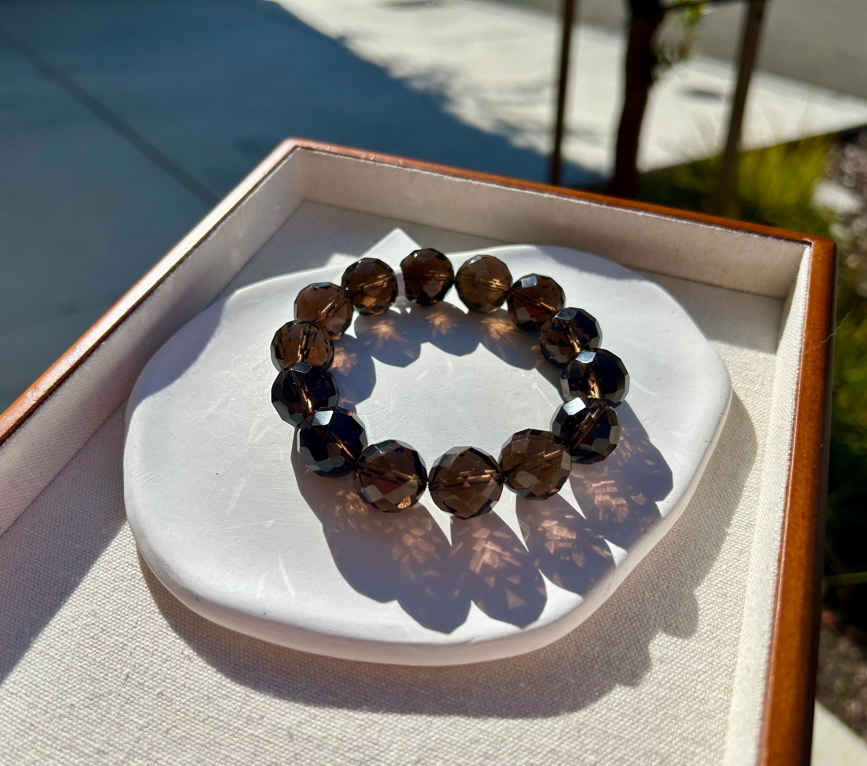 Chunky faceted Natural Smoky Quartz Crystal Bracelet featured with a crystal bow, 15mm+ smoky beads, Fits up to 18mm wrist (26-189)
