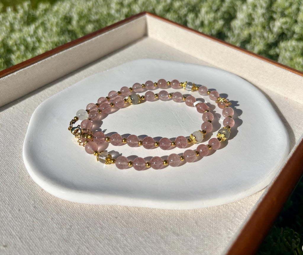 Light Pink Strawberry Quartz beads and pearl Necklace, Handmade Jewelry, Gift for Her (26-081)