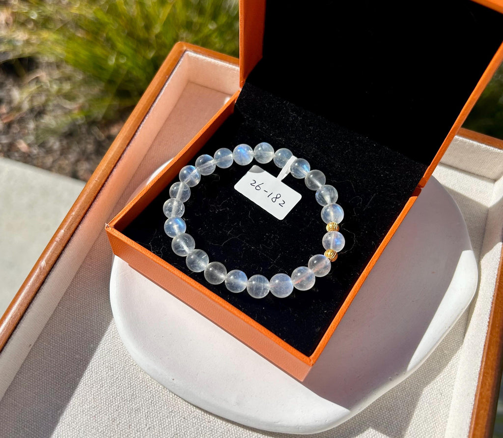 Flashy quality Natural Moonstone Crystal Bracelet with S925 beads, Fits up to 16.5cm wrist, 8mm+ Beads, (26-182)