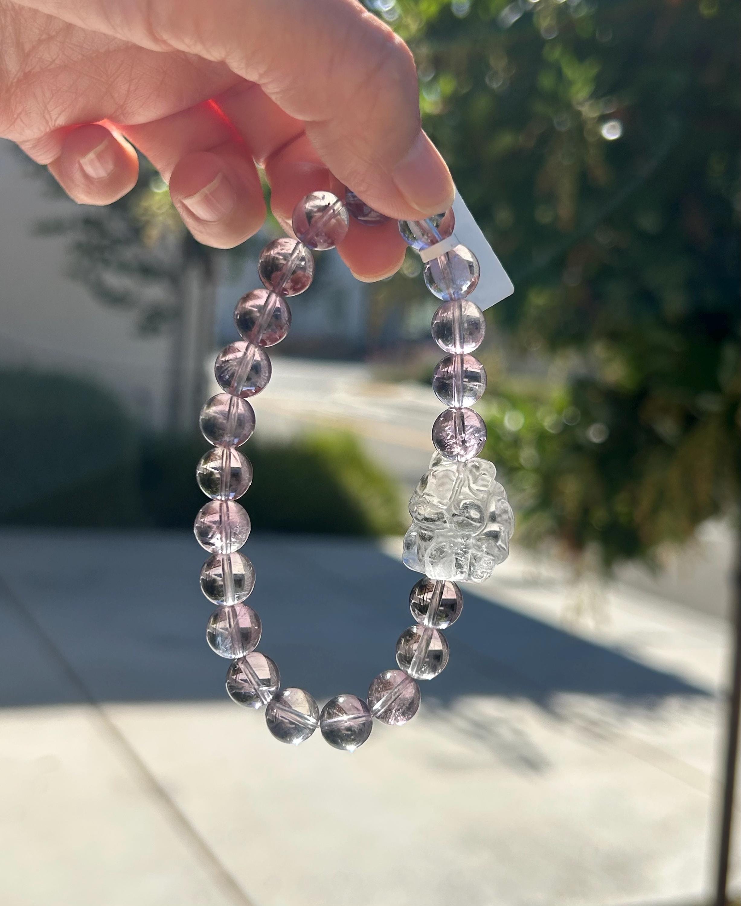 Clear Natural amethyst beads bracelet featuring a crystal carved fox, Amethyst Crystal Stretchy Bracelet (26-154)