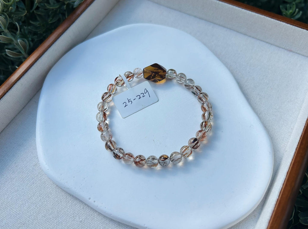 Black Gold Rutile Quartz Crystal Bead Bracelet with one citrine facet bead, Fits up to 17cm wrist (25-229)