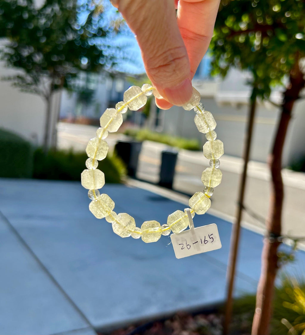 Healing Crystal, Gold Libyan Desert Glass square beads Bracelet: Tektite Beads, about 10mm beads, Fits up to 17.3cm wrist (26-165)