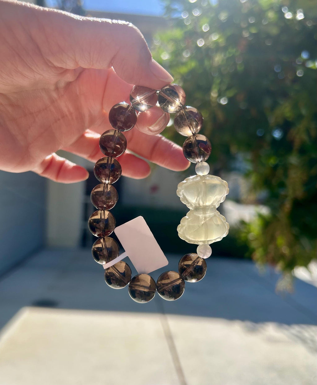 Chunky Natural Smoky Quartz Crystal Bracelet featured with a crystal bow, 12mm smoky beads, Fits up to 16.8cm wrist (26-153)