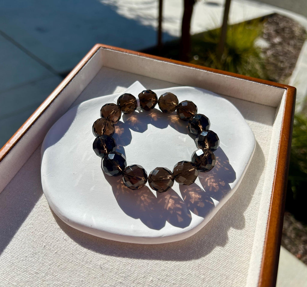 Chunky faceted Natural Smoky Quartz Crystal Bracelet featured with a crystal bow, 15mm+ smoky beads, Fits up to 18mm wrist (26-189)