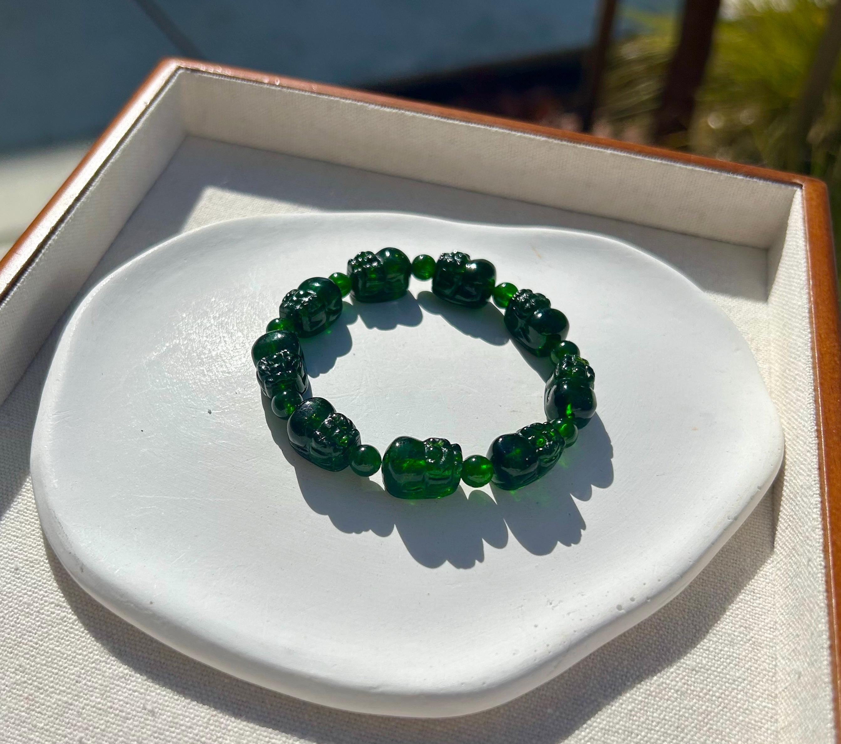 Natural Green Diopside Pixiu Bracelet – Hand-Carved Gemstone Beads, Healing and Calming stone, fits up to 15.5cm wrist (GH-049)