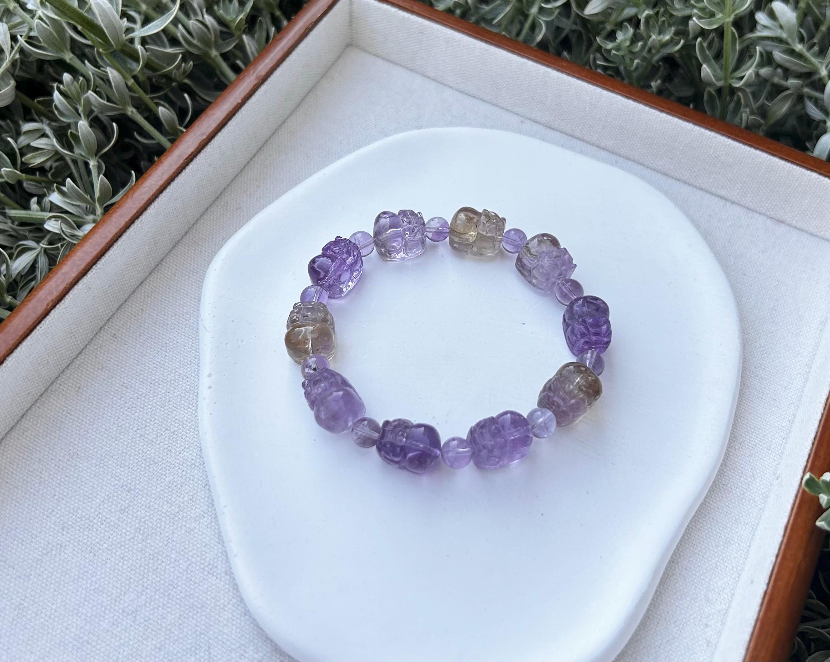 Purple and Yellow Citrine PiXiu Bracelet: Natural Crystal Carved Beads  (GH-021)